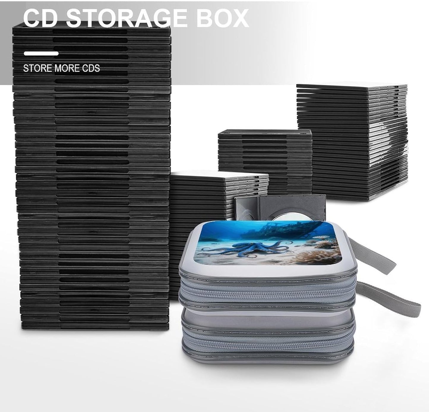Octopus And Ship CD Case Portable Zipper CD Case 40 Capacity Hard Plastic DVD Cases Holder Large Storage Disc Wallet Bag for Car Home Travel DVD Collection Bag