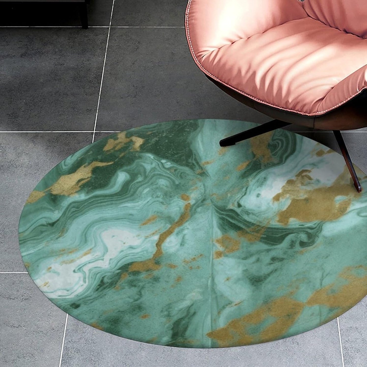 Green Gold Marble Circle Rug Retro Luxury Coral Velvet Floor Mat Non Slip Soft Indoor Floor Carpet Comfy Thickened Area Rugs Modern Aesthetic Minimalist Carpets for Home Decor
