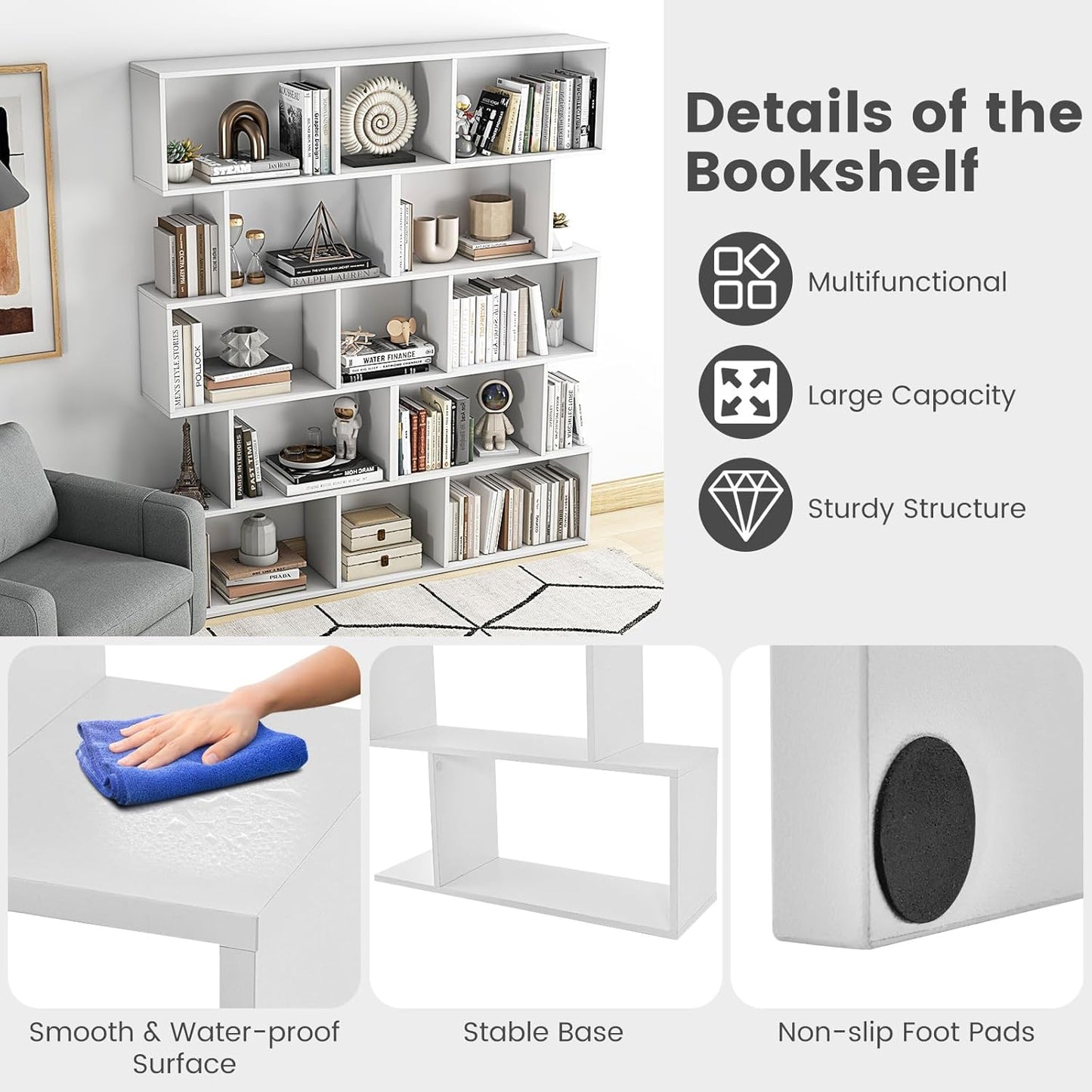 LOKO 5-Tier Bookshelf, S-Shaped Book Case with Anti-Toppling Device, Freestanding Home Organizer Room Divider Display Shelf, Open Storage Rack for Bedroom, Study (1, White)