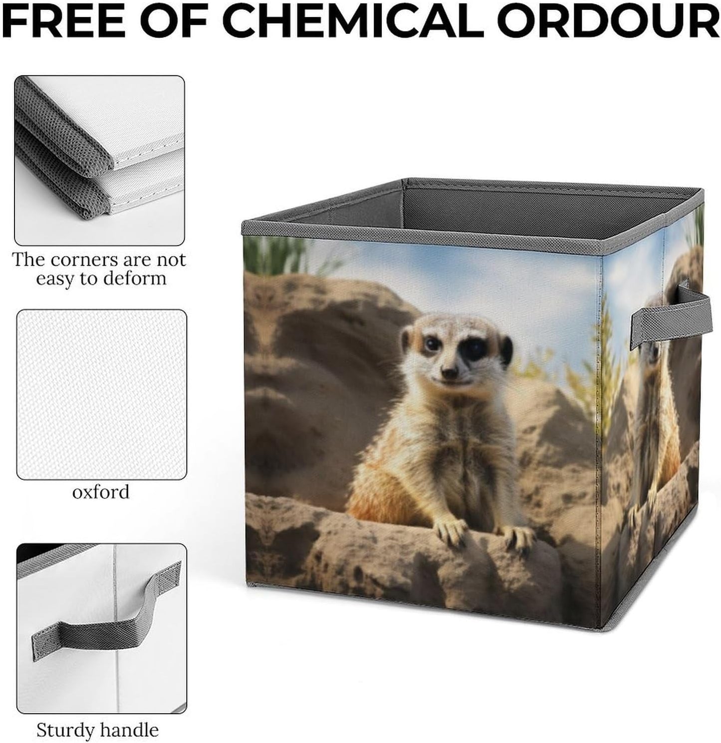 Meerkat Animal Storage Bins with Handles Fashion Large Storage Cubes Sturdy Foldable Storage Boxes Space-Saving Storage Baskets for Home Office Clothes Closet Organizers
