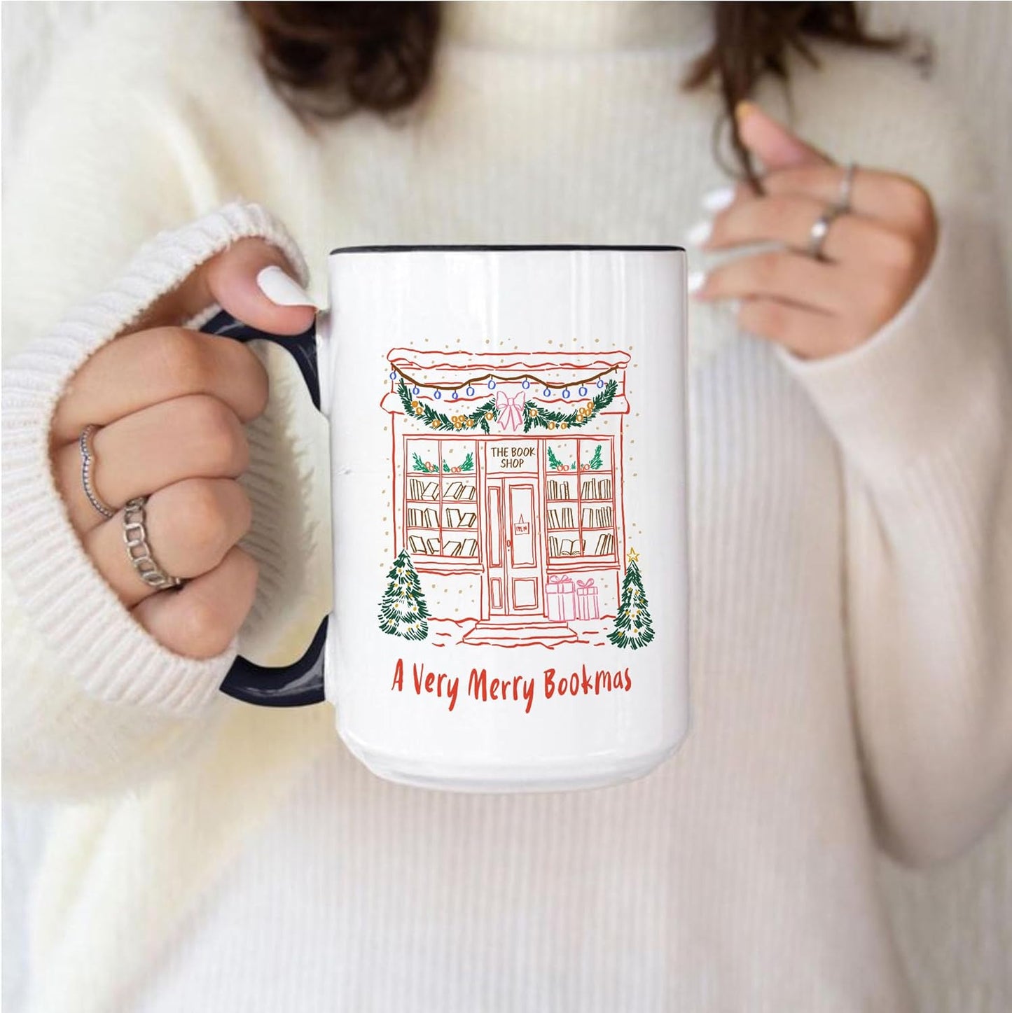 A Very Merry Bookmas Christmas Book Lover Coffee Mugs, Xmas Two-Tone Accent Ceramic Cups, Holiday Gifts, 11oz 15oz
