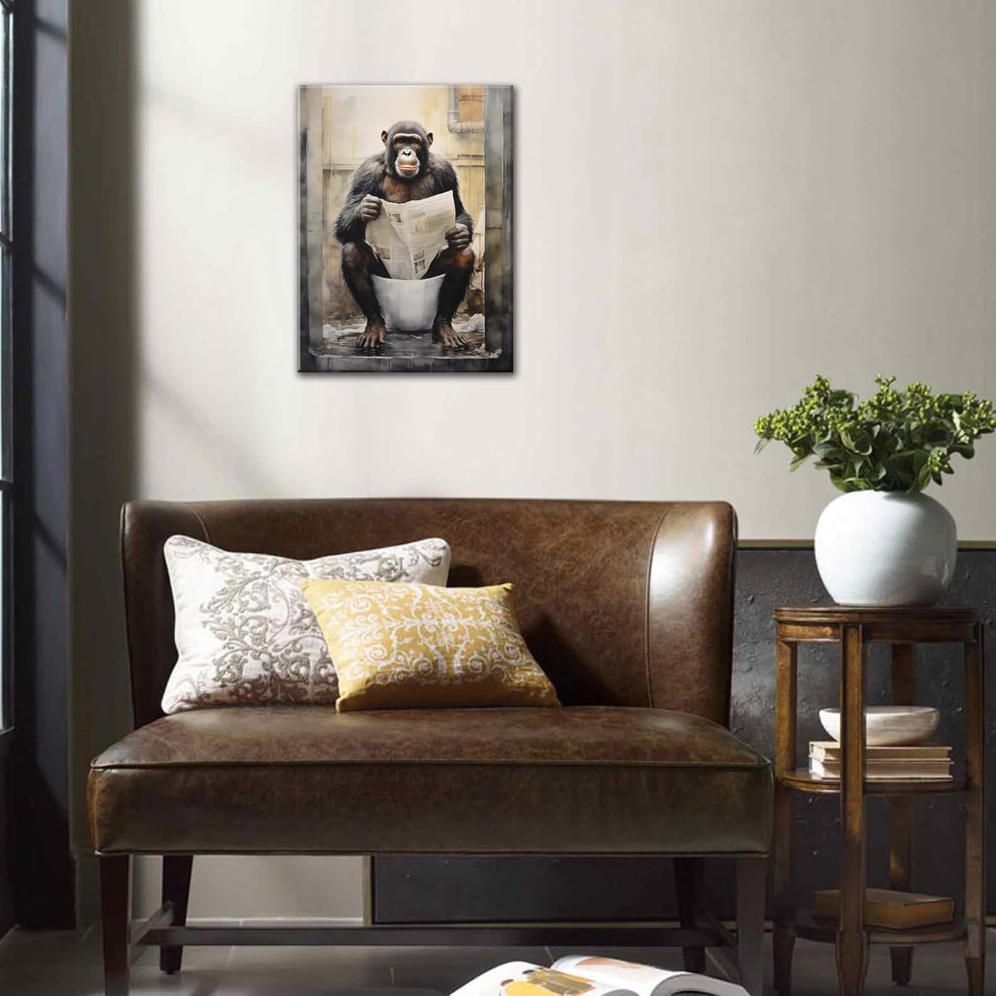Chimpanzee Framed Wall Art Funny Monkey Reading Newspaper Print Animal Lover Black and WhiteDecor for Bedroom Bathroom Modern Home Office Decoration Framed Ready to Hang 12"x16"