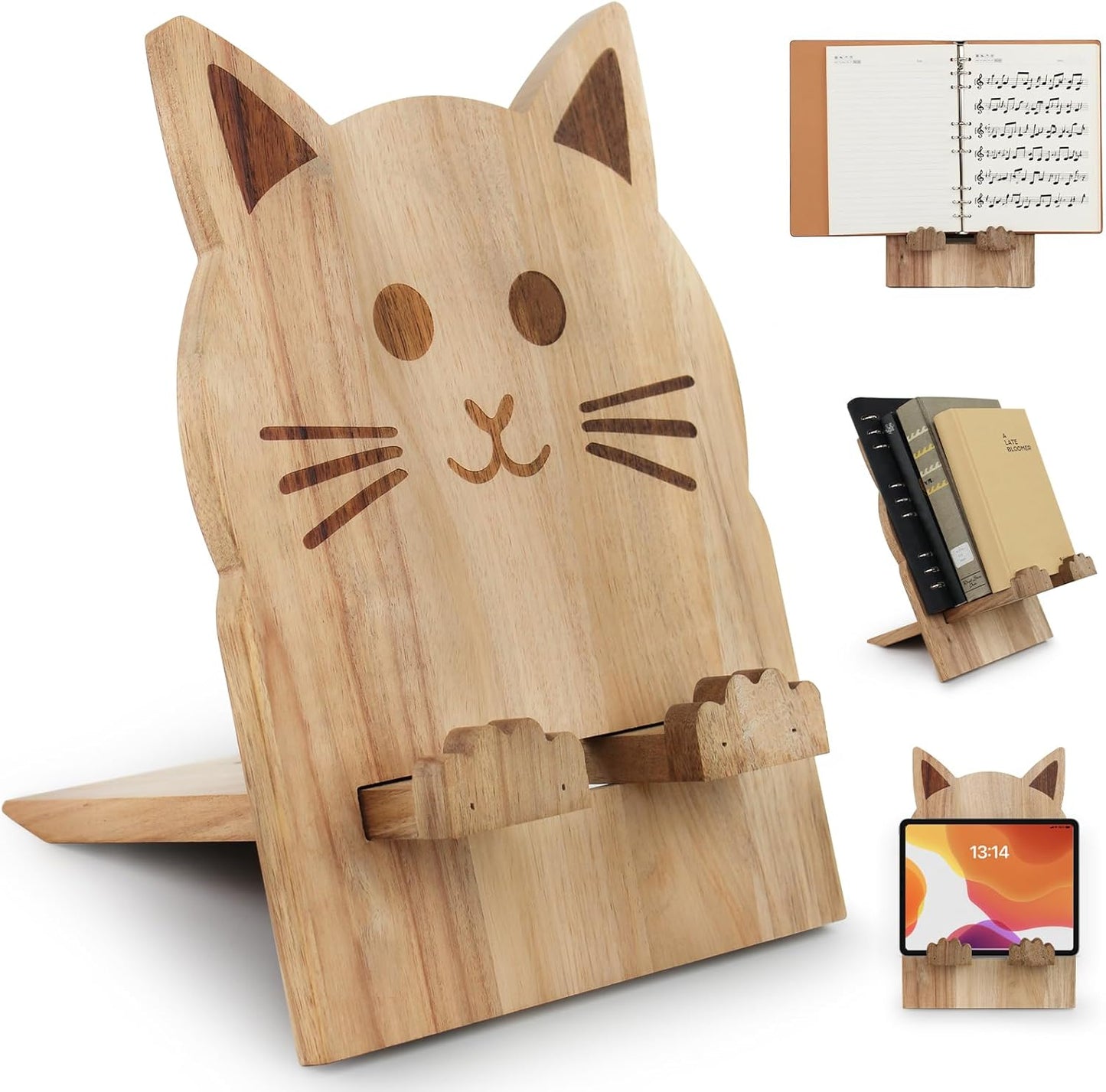 Cat Shaped Wooden Cookbook Stand - Adjustable, Hands-Free Recipe Holder for Kitchen with iPad & Music Rest