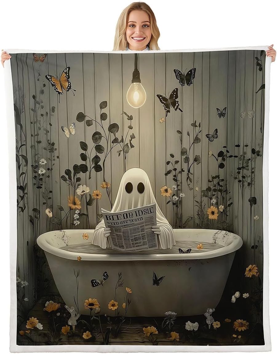 Erosebridal Funny Halloween Ghost Fleece Blanket Botanical Butterfly Flowers Sherpa Blanket 50"x60", Reading Newspaper Fancy Humor Ghost Vintage Gothic Fuzzy Plush Throw