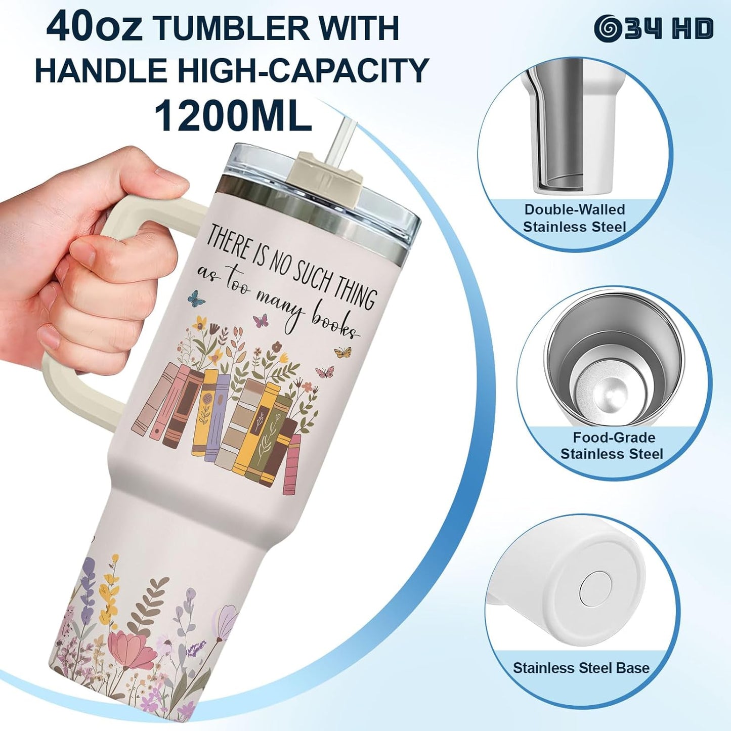 34HD Book Lover Tumbler 40oz with Handle and Straw, So Many Books So Little Time Girl Reading Vacuum Insulated Bookworm Mug, Bookish Gifts for Readers, Librarians & Booknerds