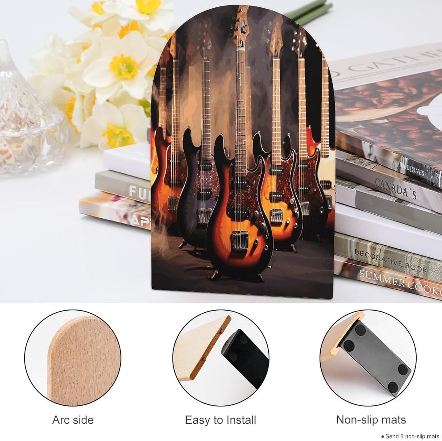 Cool Electric Guitar Bookend for Shelves Wooden Book End Large Size Sturdy Book Holders Stoppers with Metal Base for Bookshelves Slick Decorative Bookends Stands