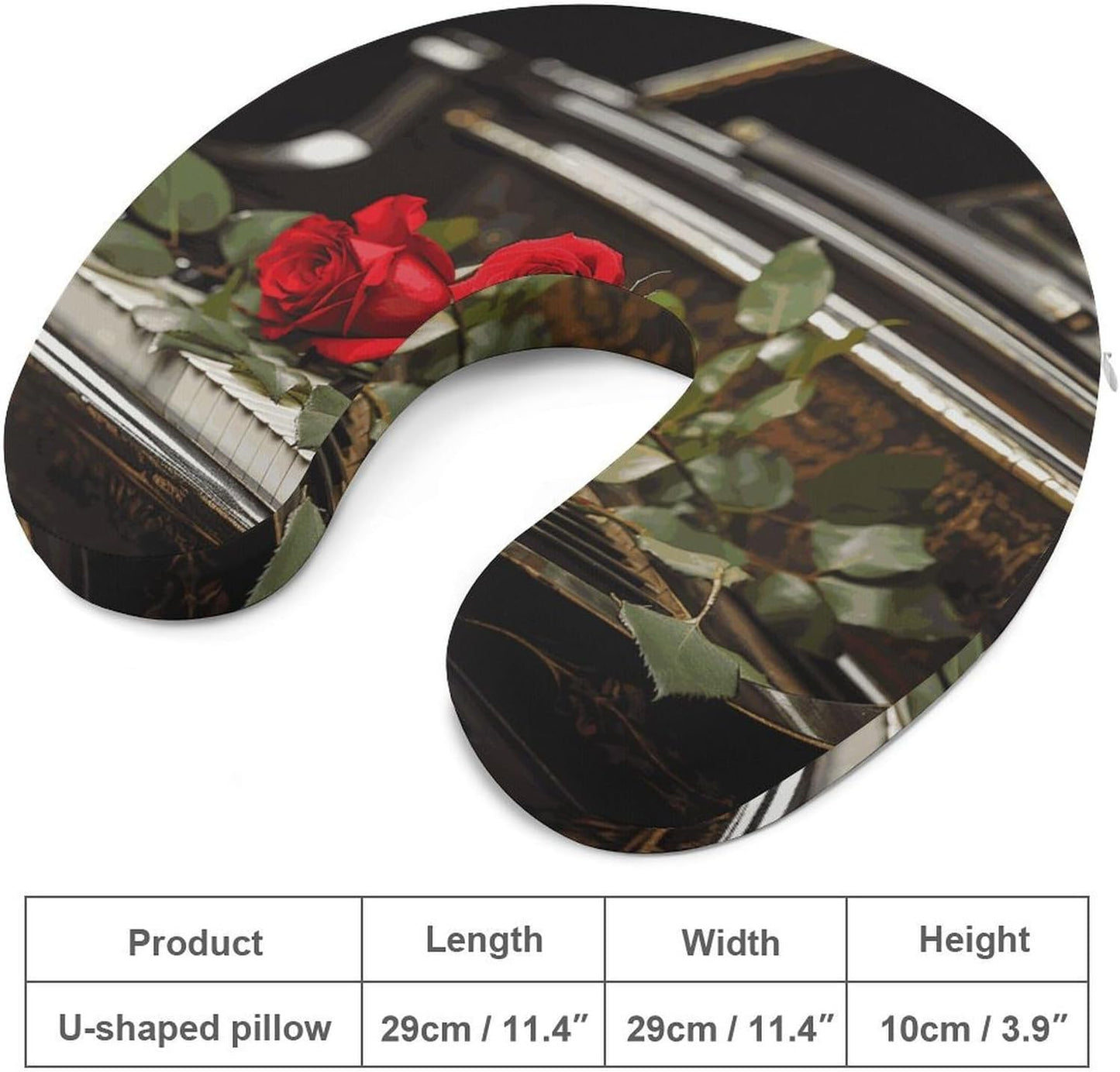 Red Rose on Piano Neck Pillow Memory Foam U Shaped Pillows Portable Pillows for Shoulder Travel Head Support Pillow with Concealed Zipper for Airplane Car Home Office