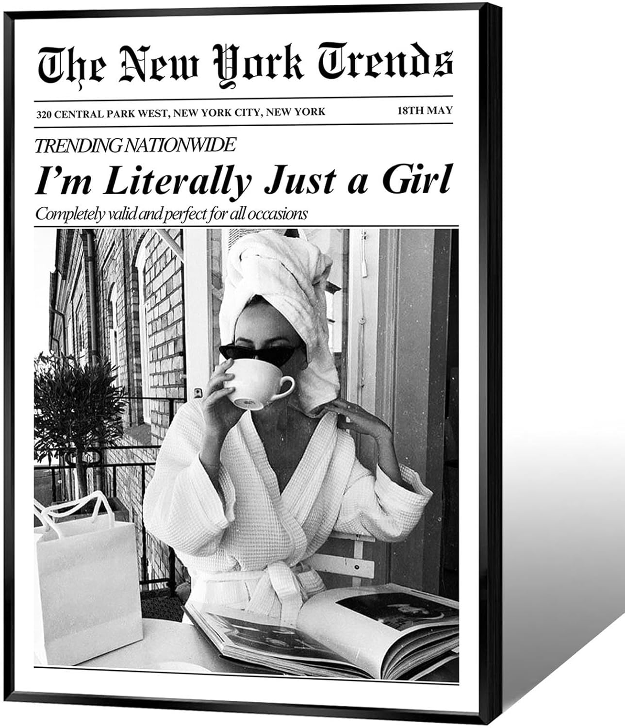 Vintage Black White Newspaper Wall Art I'M Literally Just A Girl Poster Feminist Shopping Girl Canvas Print Wall Decor For Dorm Room Bedroom Bathroom 12X18 in Unframed