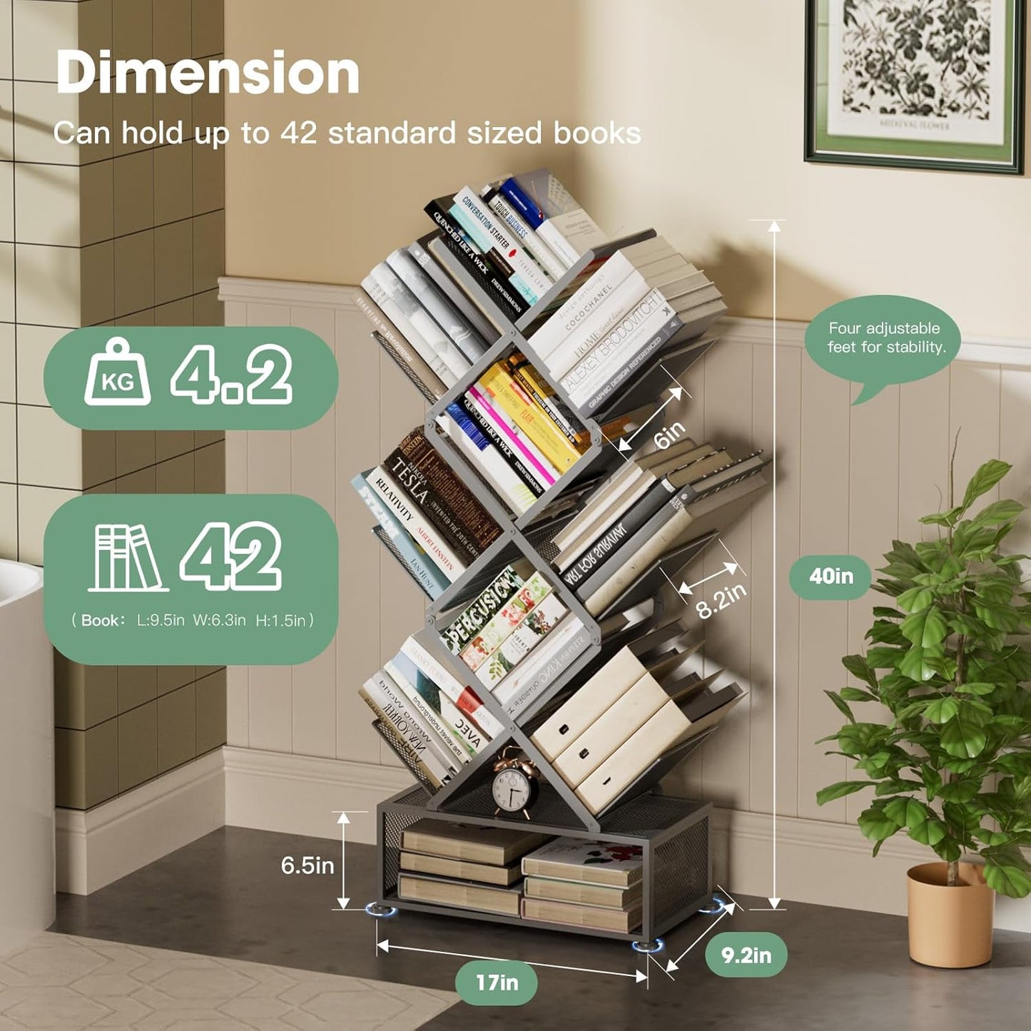 Metal 6 Tier Bookshelf, No Assembly Needed Foldable Bookcase with Storage Cabinet, Industrial Standing Shelf for Home Office Living Room, Gray