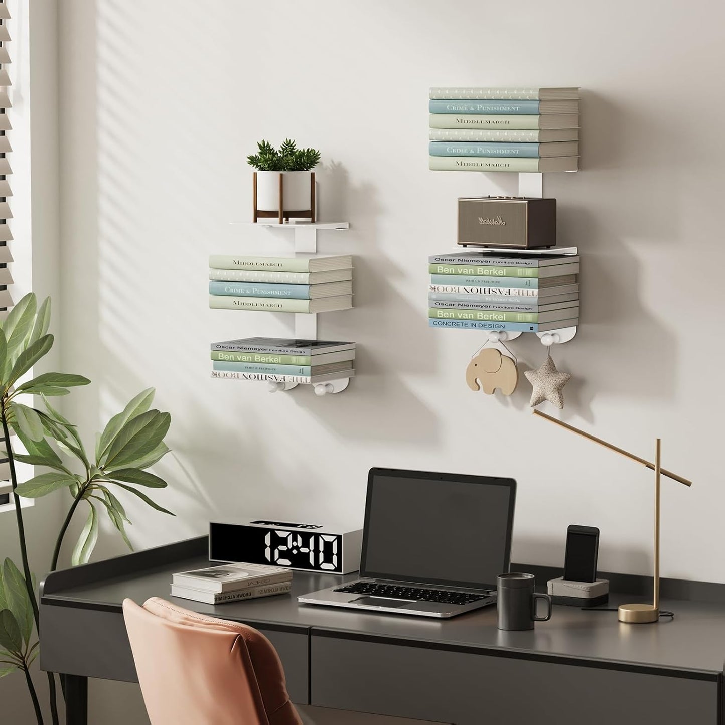 Vertical Spine Metal Tower for Wall Mounted Set of 2, 6 Tier Invisible Floating Bookshelf Coat Rack with 4 Hooks, Heavy-Duty Hanging Book Shelf for Home Office (2, White)