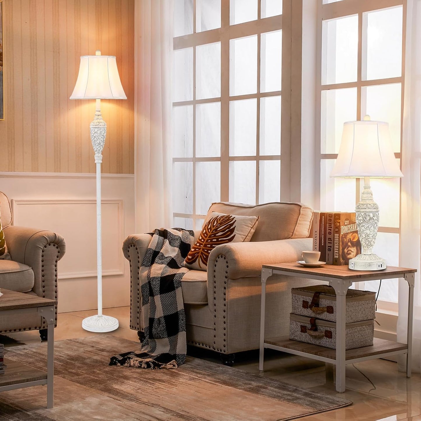 65’’ Vintage Floor Lamp for Living Room, Traditional White Standing Lamp with Carved Resin Base and Foot Switch, Classic Farmhouse Tall Pole Lamp, Bedroom, Office