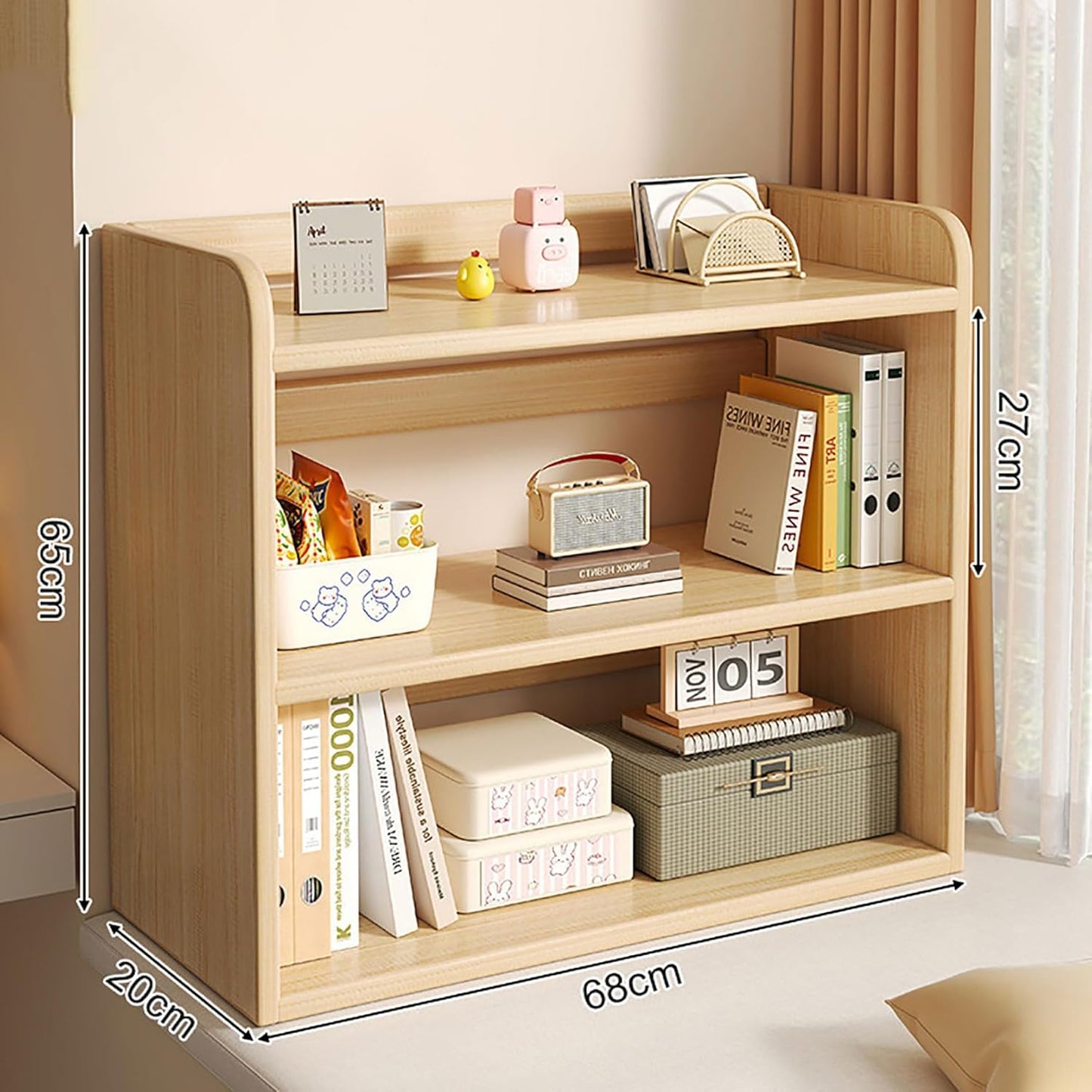 3-Tier Solid Wood Desktop Bookshelf, Freestanding Corner Shelf for Small Spaces, Modern Rustic Hutch, Size 68x20x65cm, Ideal for Home Office or Study