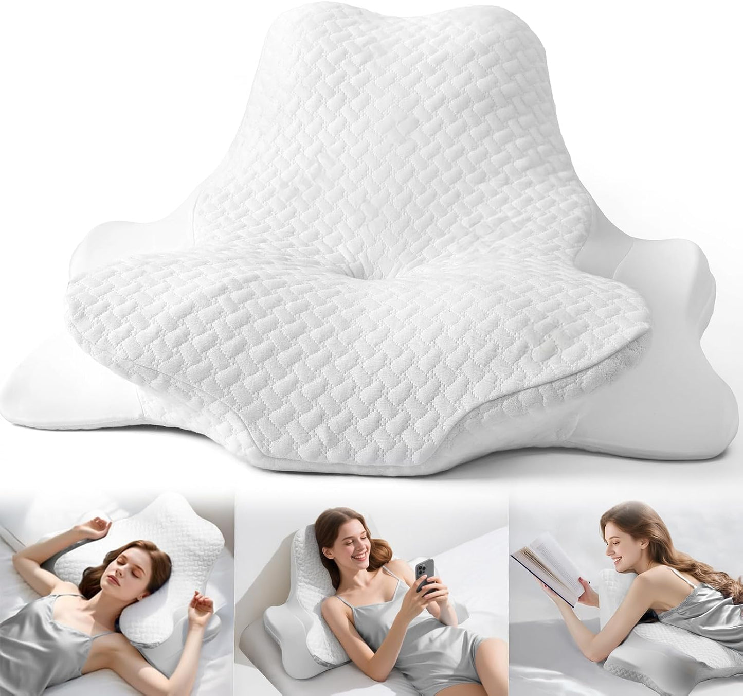 Cervical Neck Pillow & Reading Pillow for Sleeping and Reading, Ergonomic Memory Foam Orthopedic Bed Pillow, Neck Pain Relief Support for Lie Flat, Supine, Prone, and Reclining Positions(Pure White)
