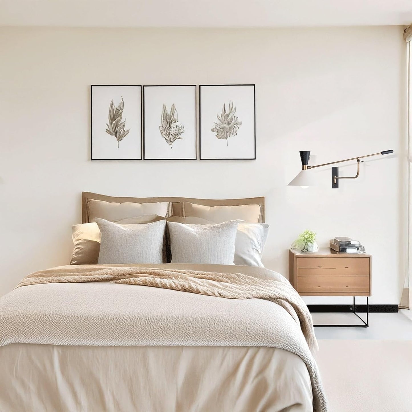 Modern Nordic Wall Sconce Brass Long Arm Design White Conical Metal Shade Multi-Axis Connection Wall Lamp for Bedroom Apartments Hotel Reading Nook Office Study Art Decor Ambient Lighting