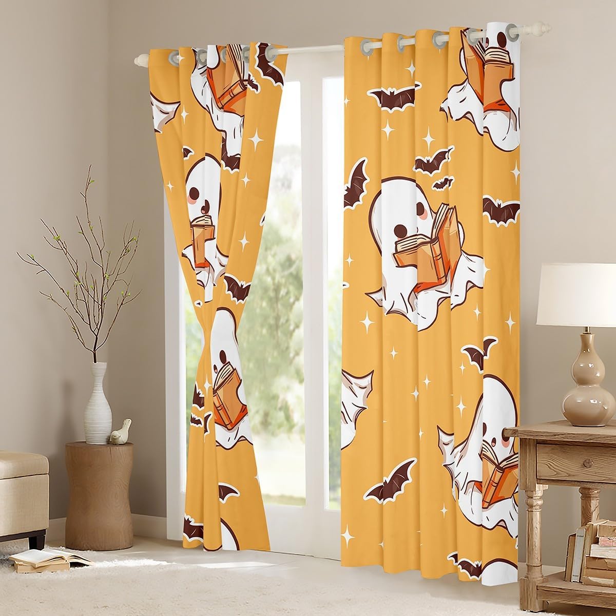 jejeloiu Halloween Cute Ghost Window Curtains for Bedroom Living Room Kawaii Ghost Reading Book Print Curtains Ghost Bats Window Treatments Halloween 30%-50% Blackout Curtains, 52W X 84L,2 Panels