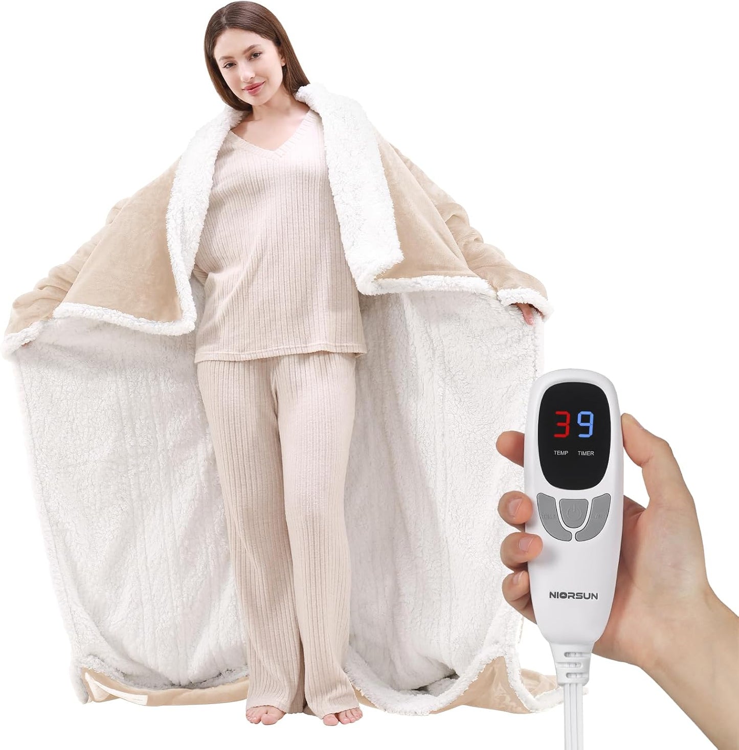 NIORSUN Heated Blanket Throw with Foot Pocket, Wearable Electric Blanket with 9 Heating Levels & 10 Time Settings, Ultra-Soft Flannel & Sherpa, Cozy Gift for Family and Friends, 50 * 70", Beige