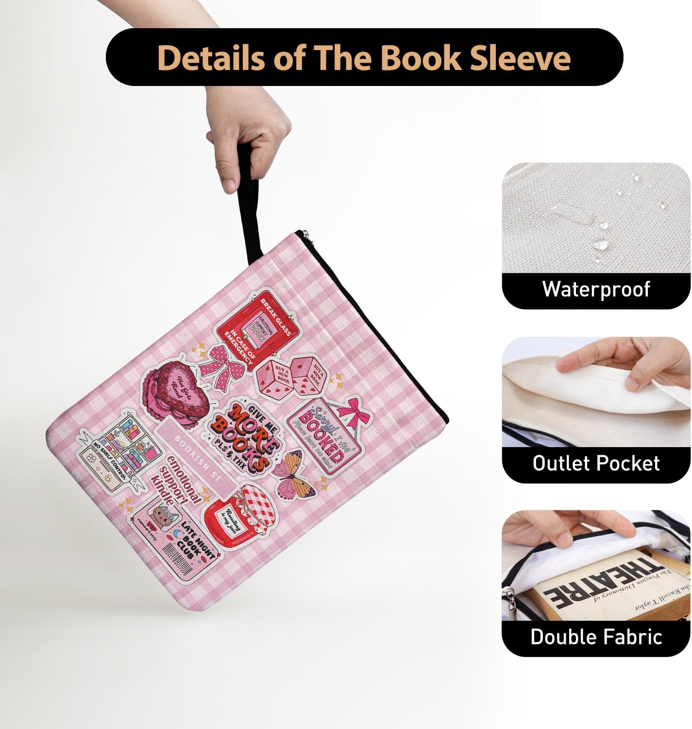 Pink Checkered Collage Style Book Covers for Book Lovers with Handle Pocket, Book Club Gifts for Chritsmas, Reading Accessories for Women Friends Reader Bookish