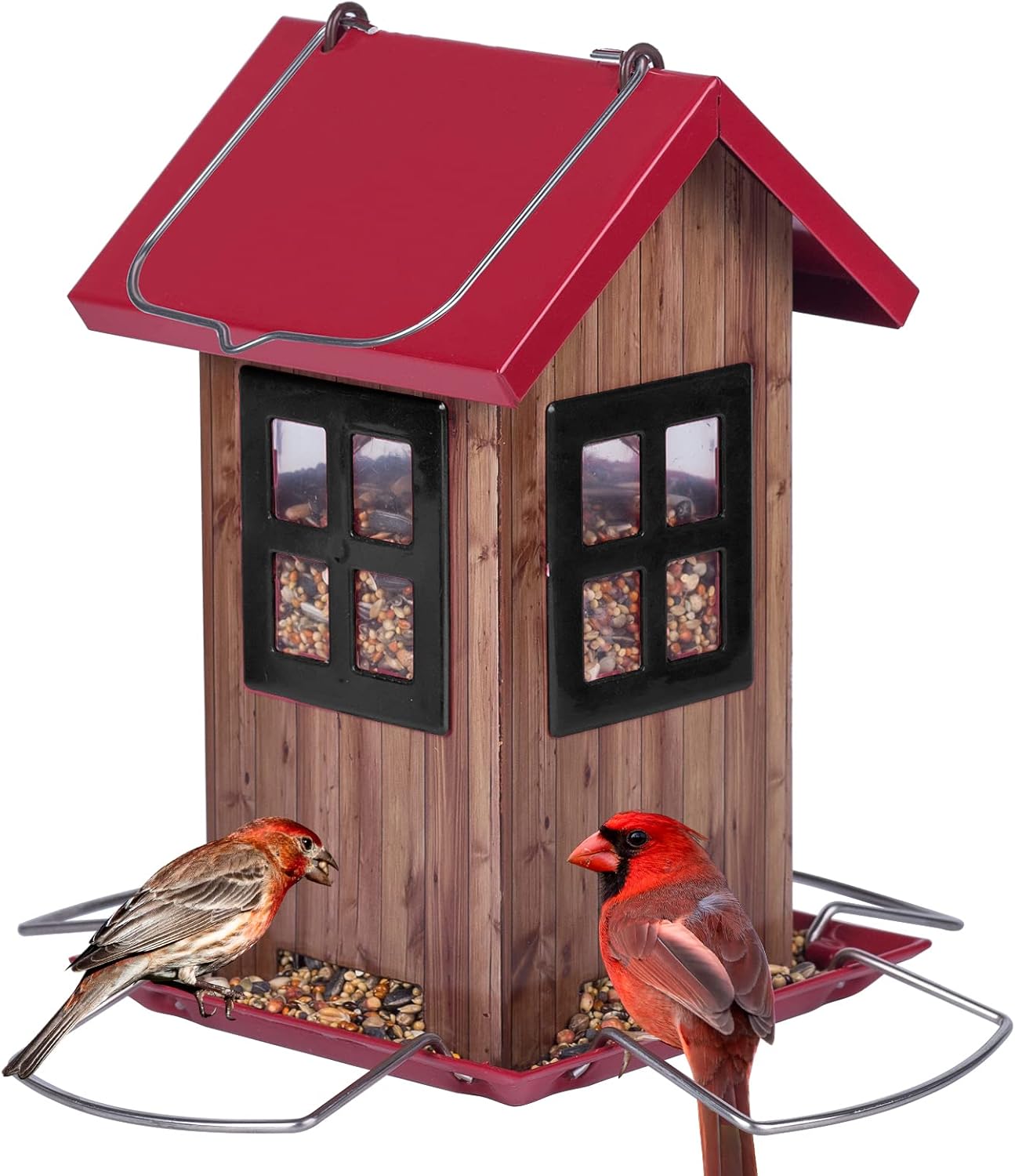 Kingsyard Cute Bird House Feeders for Outside, Hanging Metal Bird Feeder with 4 Ports, Outdoor Garden Yard Decorations for Cardinals Finches Chickadees Goldfinches & Sparrows Birds Watching
