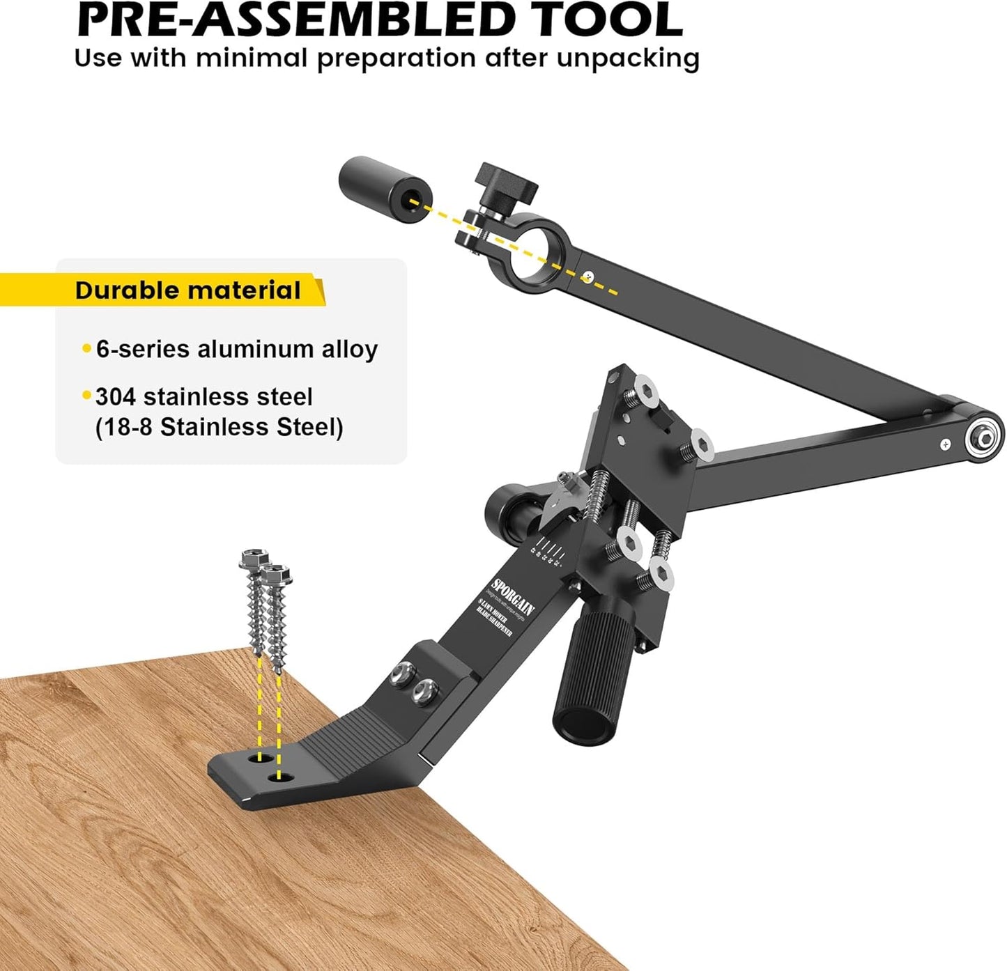 SporGain [Updated] Lawn Mower Blade Sharpener 15°-45° Adjustable Frame with Ball Bearing Manufacture Handle for Right & Left Hand Blades, Use with Angle Grinder, Black