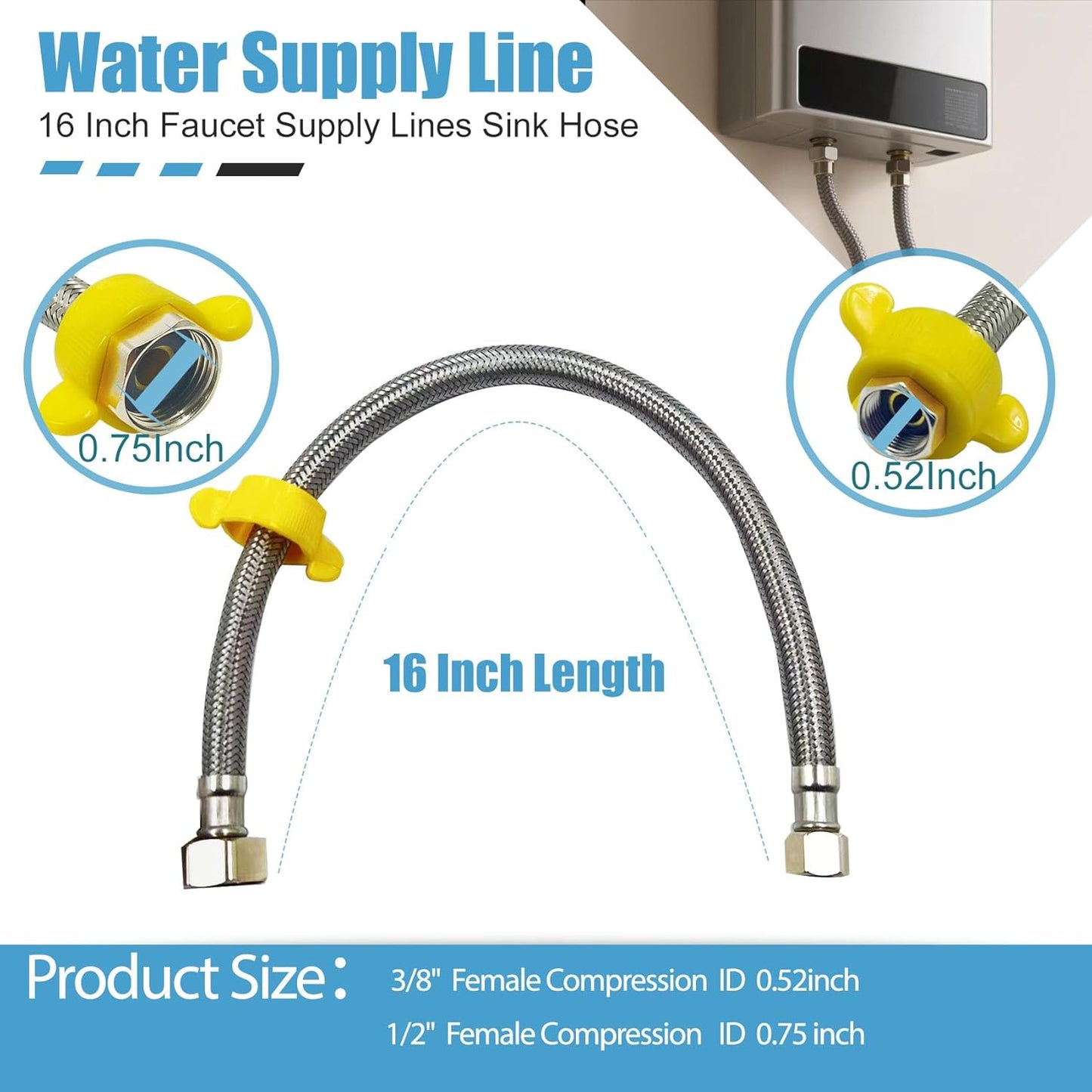 10PK 16 Inch Faucet Supply Lines, 3/8" Comp x 1/2" FIP Sink Hose Faucet Hose Connector, for toilet hose for Bathroom Kitchen Water Supply with Stainless Steel Braided Supply Line & Faucet Hose Wrench
