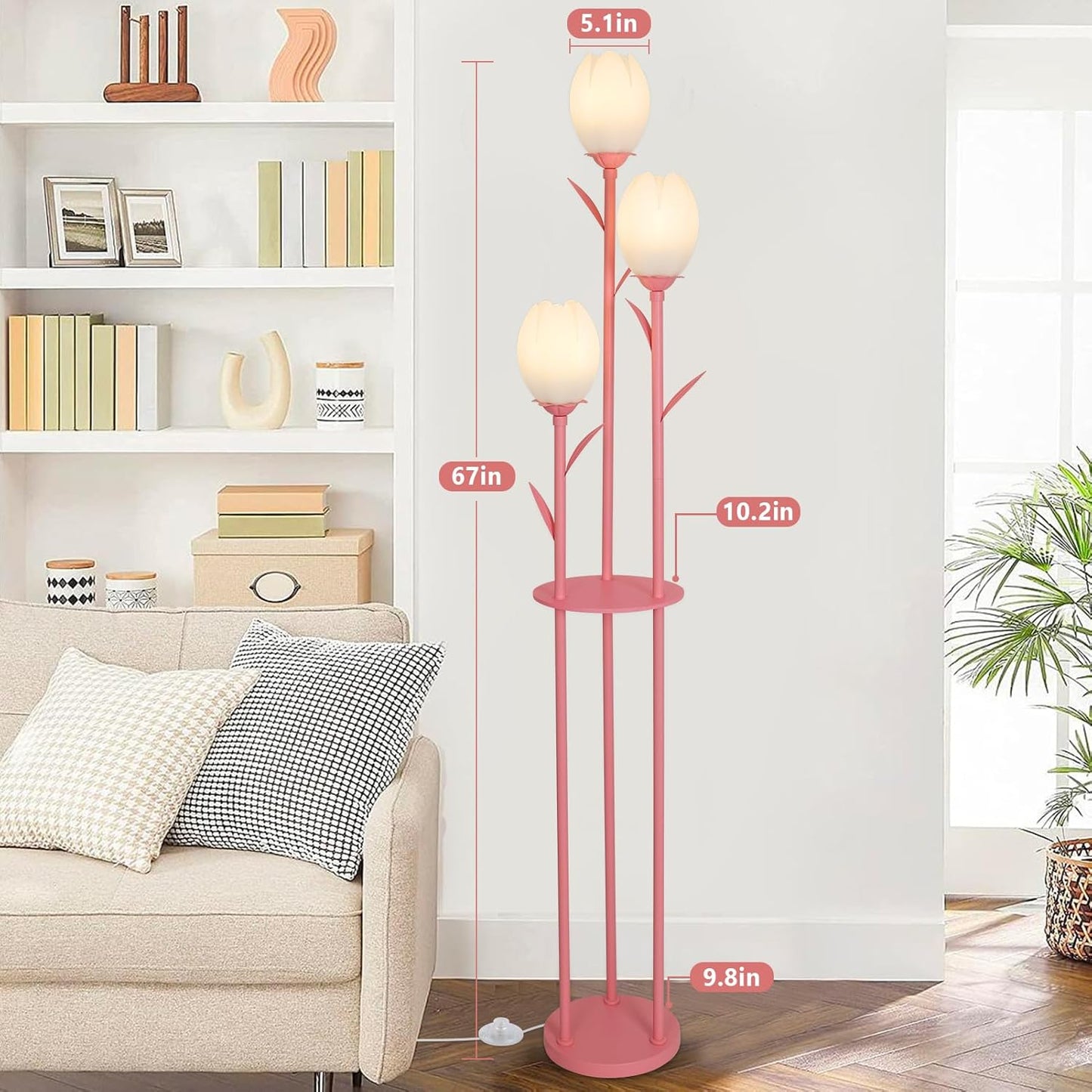 Pink Floor Lamp for Bedroom, 3-Light Flower Floor Lamp with Table, Corner Standing Lamps for Living Room, Tall Flower Lamp for Office, Girls Room, Unique Lighting Decor (Bulbs Included)