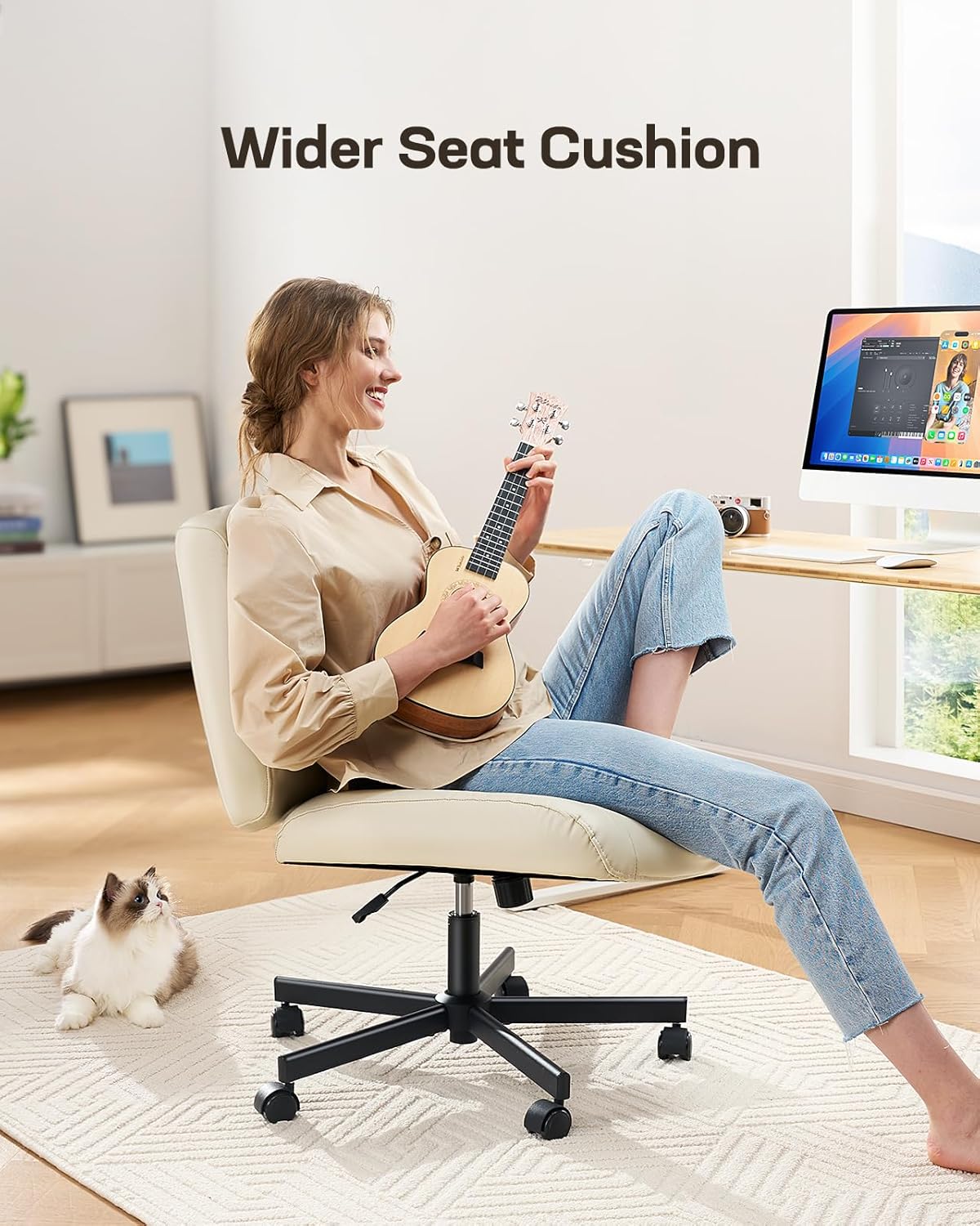 Marsail Modern Criss Cross Office Chair with Wheels, Armless, White PVC Leather, 26" W x 20" D x 42.1" H, 300 lbs Capacity, Ergonomic, Comfortable, Home Office, Computer, Reading, Relaxing, Drafting