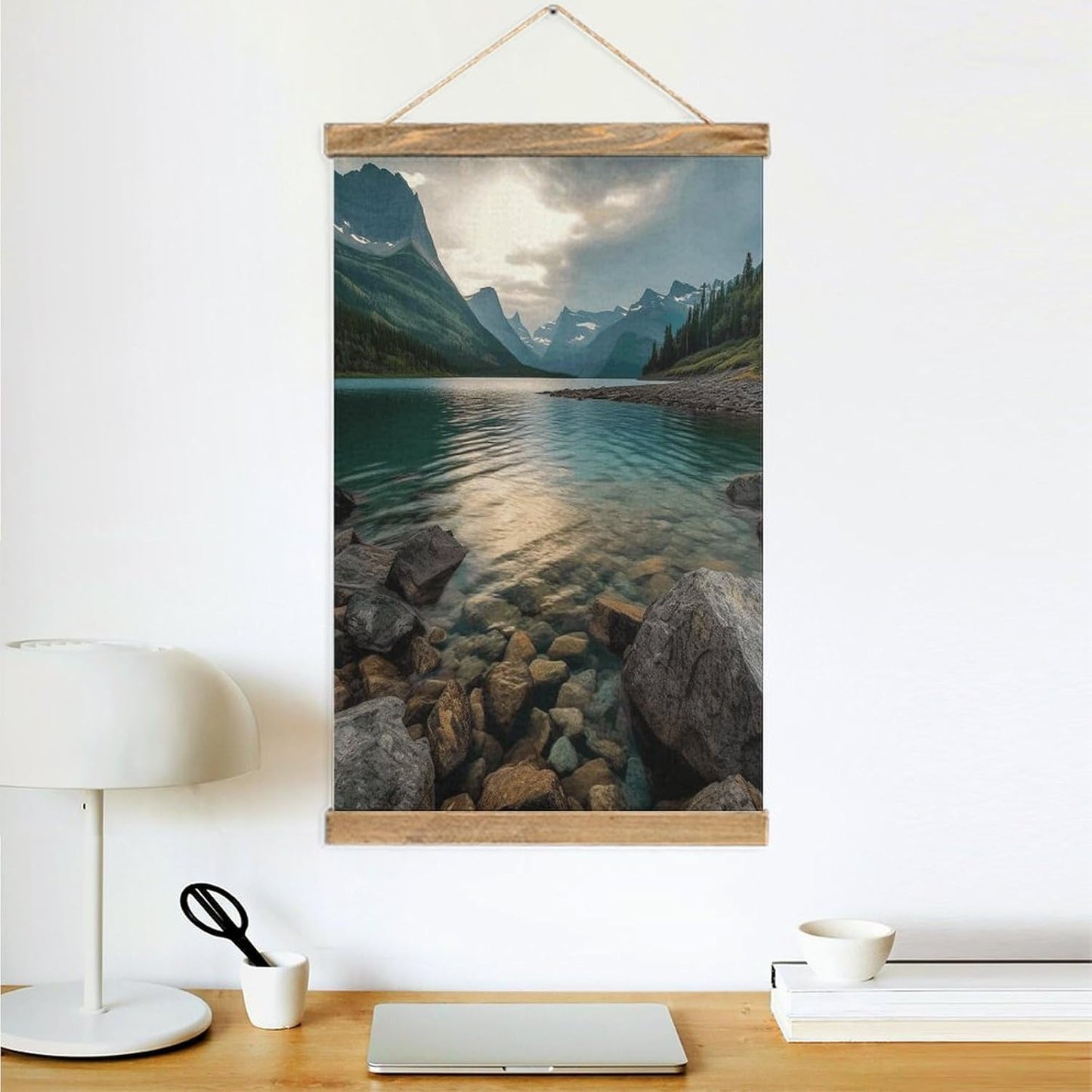 Vintage Glacier National Park Poster with Wooden Frame Personalized Linen Hanging Scroll Painting Rustic Wall Hanging Illustrative Modern Artwork Decor for Home Living Room Bedroom Office