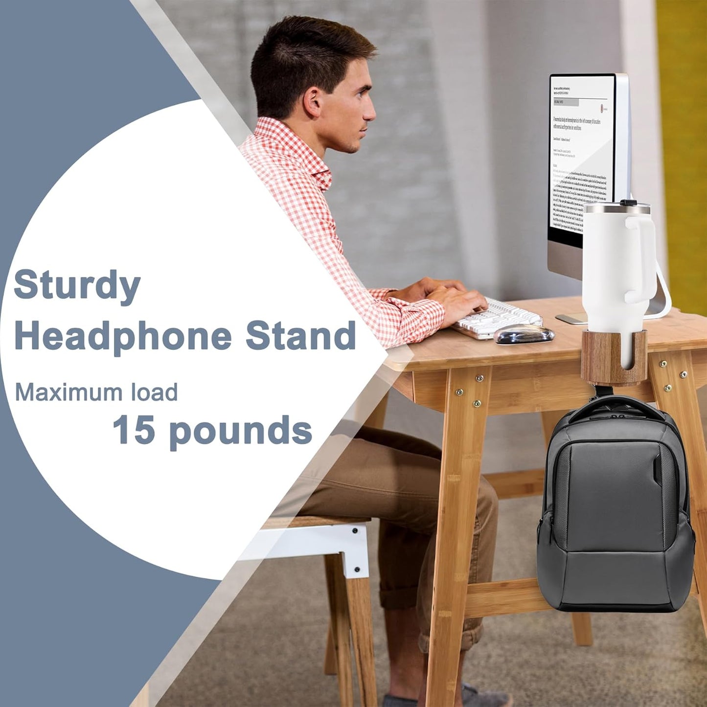 Nnewvante Desk Cup Holder, 2 in 1 360° Rotating Headphone Hanger Under Desk, 360° Anti-Spill Cup Holder, Table Cup Holder for Water Bottles, Gaming Desk Accessories - Acacia Wood