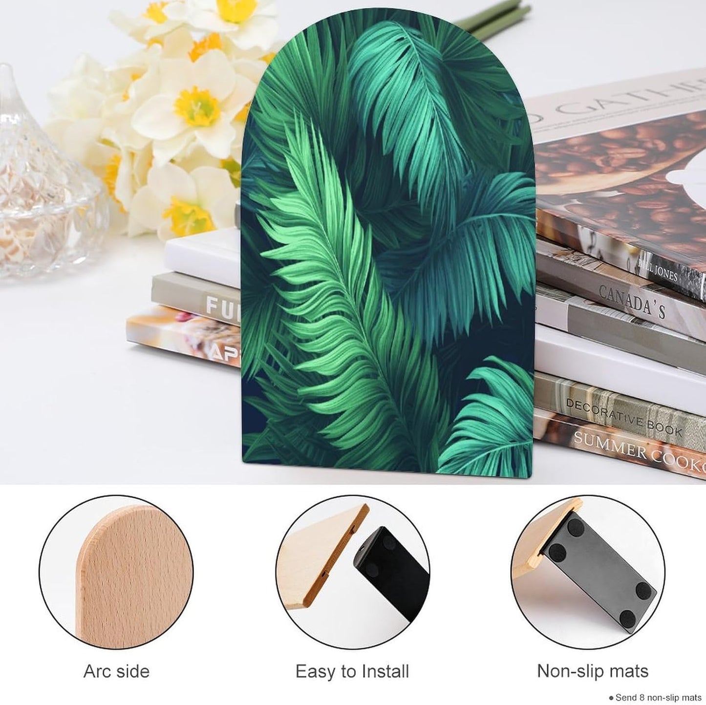 Tropical Palm Leaves Bookend for Shelves Wooden Book End Large Size Sturdy Book Holders Stoppers with Metal Base for Bookshelves Slick Decorative Bookends Stands
