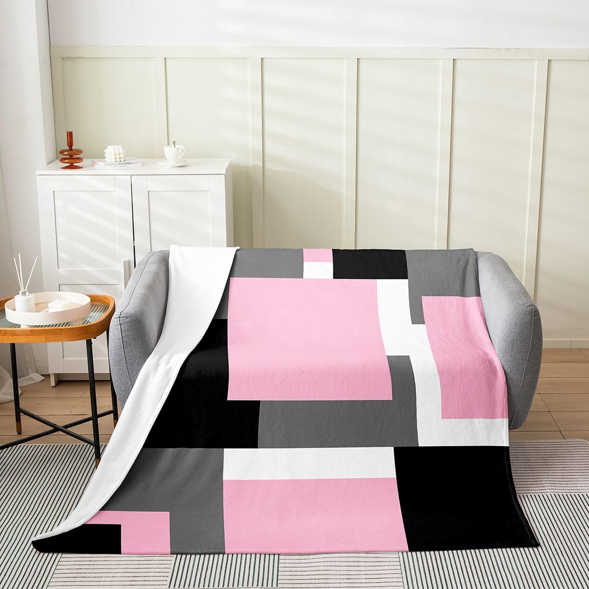 Feelyou Abstract Plush Throw Blanket Minimalist Flannel Blanket Throw 50"x60" Line Simple All Season Boho Modern Aesthetic for Couch Bed Sofa Neutral Art Bedroom Decor