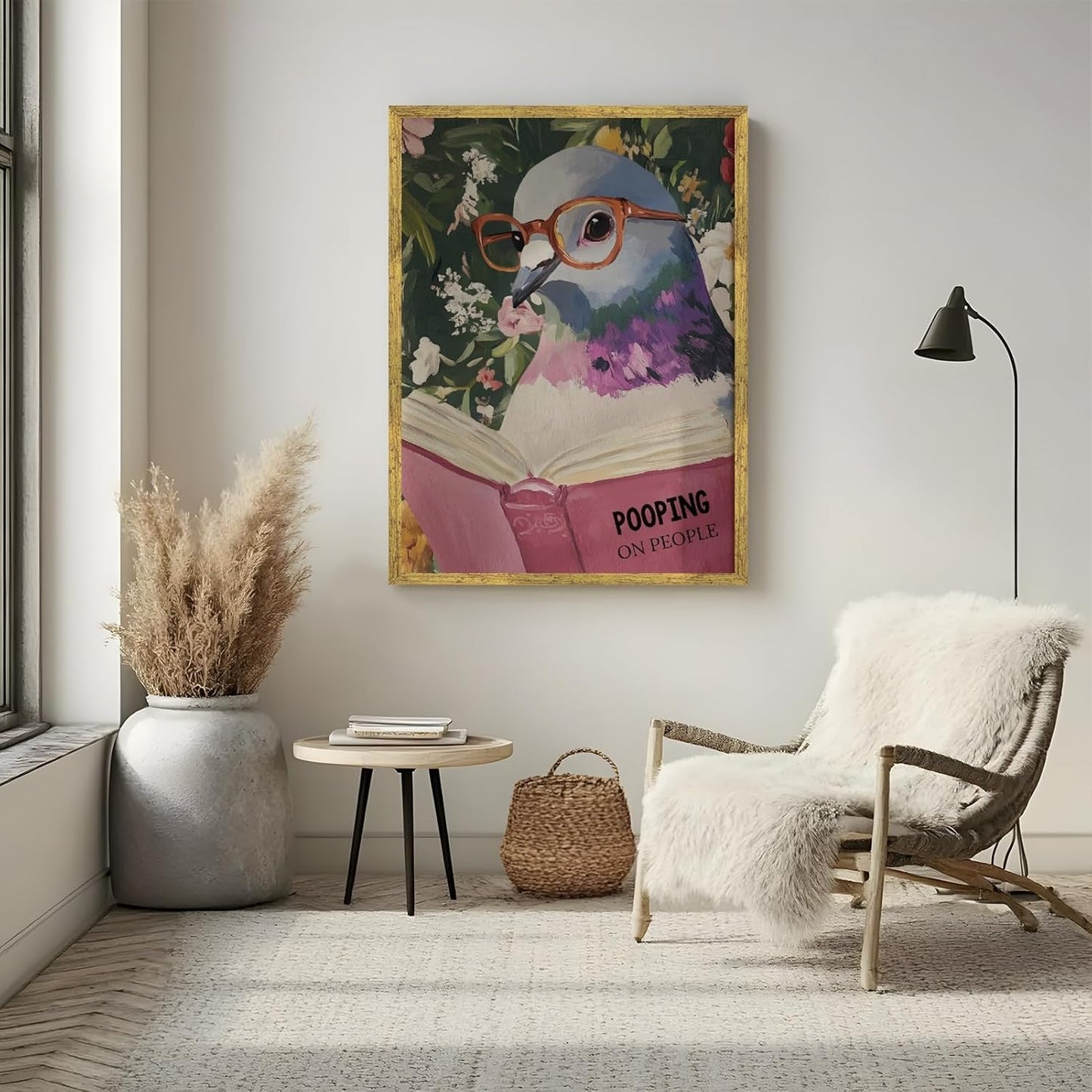 Humorous Pigeon Reading Poster Bathroom Wall Art Quirky Wall Decor Cheeky Animal Canvas Print For Bathroom Office Library8x10inch Golden frame