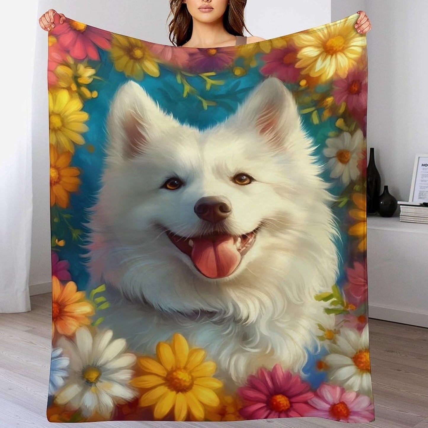 Cute Samoyed Throw Blanket for Couch Bed Plush Cozy Fuzzy Flannel Blanket for All Season 66"x90"