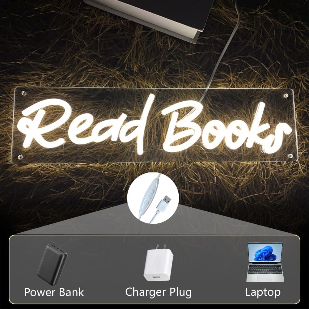 Read Books Neon Sign LED Neon Lights Dimmable USB Powered Book Lovers Words Quotes Sign Kid Room Light Wall Art for Library Classroom Reading Corner Decor 16"x4.23"