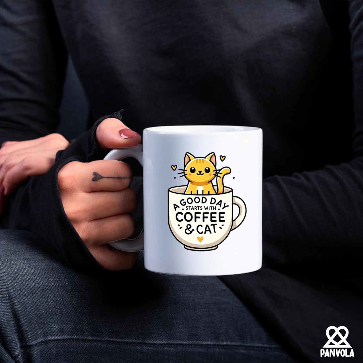 Panvola A Good Day Starts With Coffee and Cat Cute Cat Gifts for Coffee Lover Girlfriend Boyfriend Sister Brother Friend Pet Owner Mom Dad Ceramic Mug 11 oz White