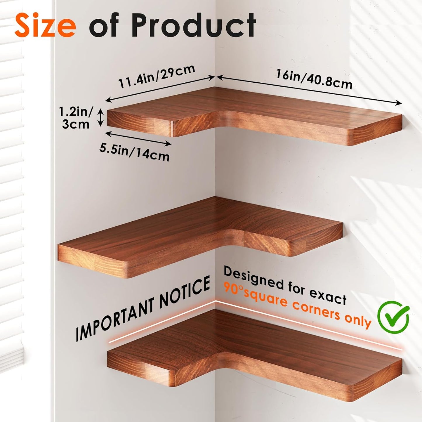 Fixwal Corner Floating Shelves for Wall Mounted Natural Solid Wood 16"x11.4" Farmhouse Home Decor Display Shelving Set of 3 (Rustic Brown)