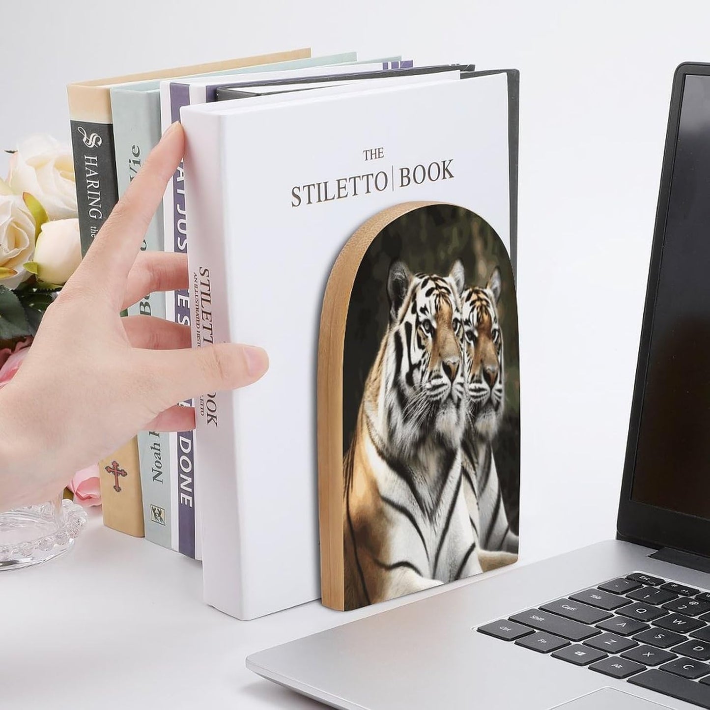 Majestic Tiger Bookend for Shelves Wooden Book End Large Size Sturdy Book Holders Stoppers with Metal Base for Bookshelves Slick Decorative Bookends Stands