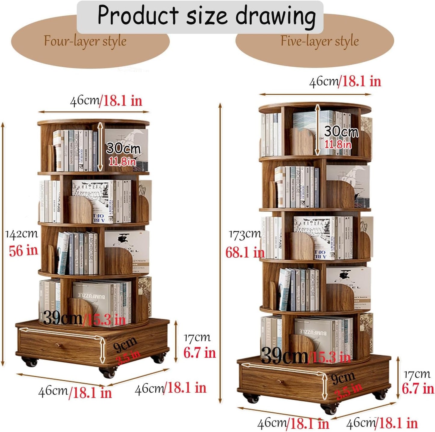 4/5 Tier Round Rotating Bookshelf 360° Spinning Bookshelf Tower Movable Floorstanding Bookcase With Wheels，spinning Storage Tower Corner Bookshelf For Small Space For Bedroom, Living Room(Walnut,4tier