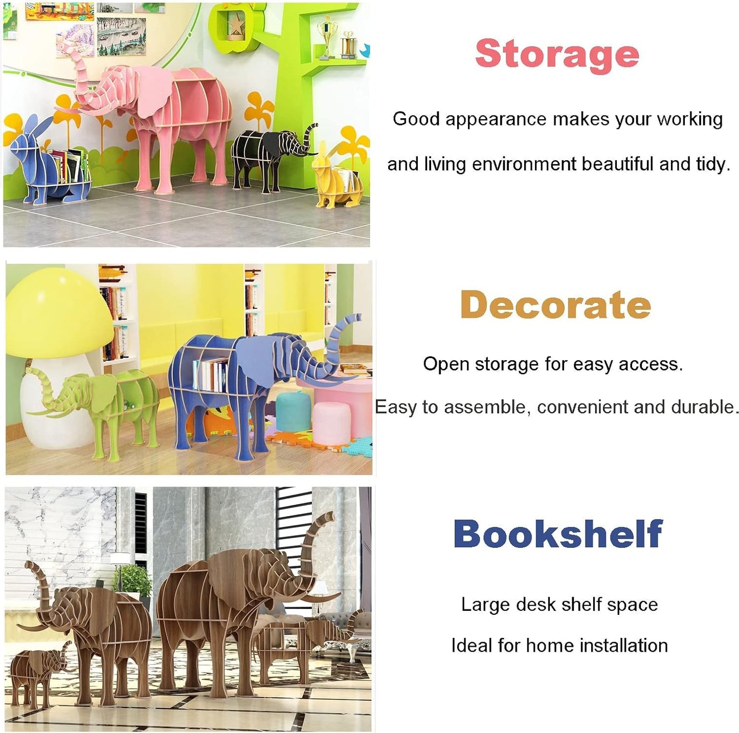 Wooden Bookshelf - Animal Shape Storage Bookcase, Pink Children Elephant Shape Vertical Display Stand, Shop Restaurant Floor Shelf Reading Storage Decoration Theme Side Table ()