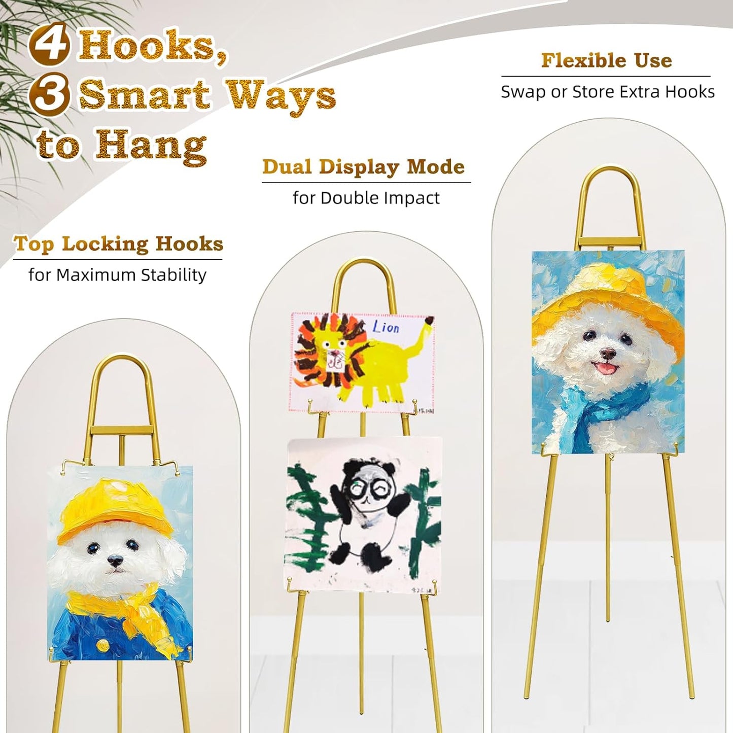 57"– 42" Height Adjustable Gold Easel Stand for Signs, Lockable at Any Height – 4 Hooks, 3 Display Modes, Easel with Design Templates – Ideal for Wedding Welcome Sign, Parties, Art & Retail Display