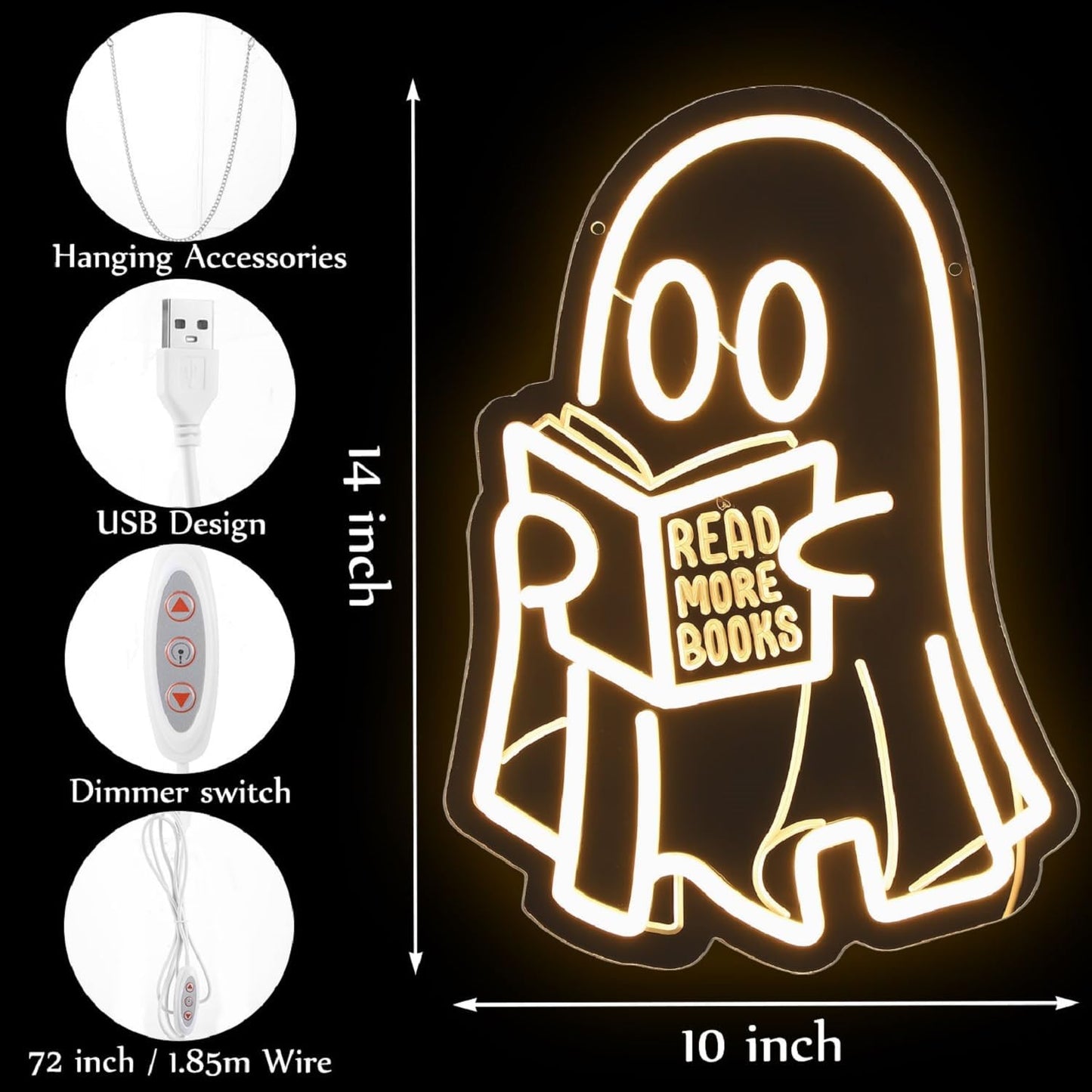 Retisee Ghost Reading Book Lamp Reading Ghost Neon Sign LED Room Hanging Sign Book Neon Light for Bedroom Home Library Read Club Kids Room Store Lover Gifts