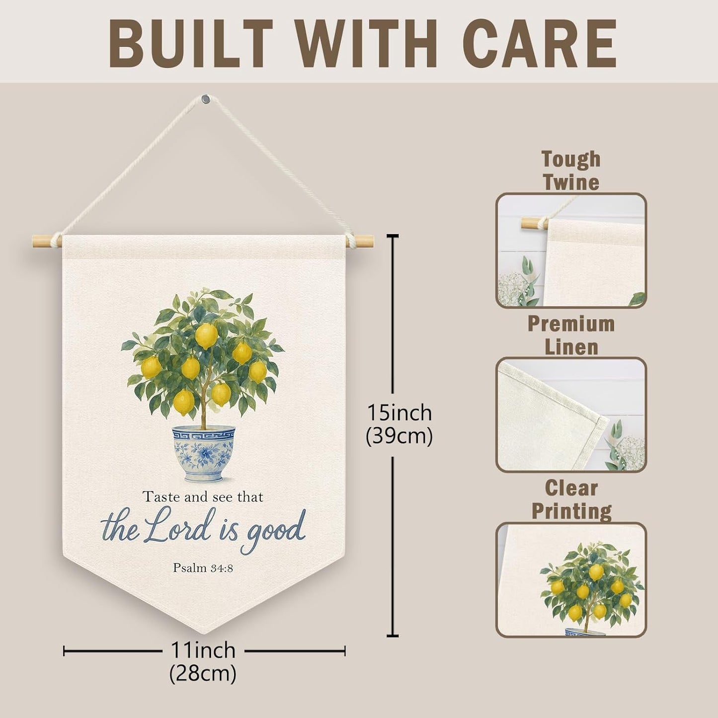 Christian Lemon Tree Kids Room Decor, Scripture Taste and See That The Lord Is Good Banner Canvas, Chinoiserie Wall Hanging Frame Decor Art Pennant Flag for Prayer Toddler Room Church 11x15in
