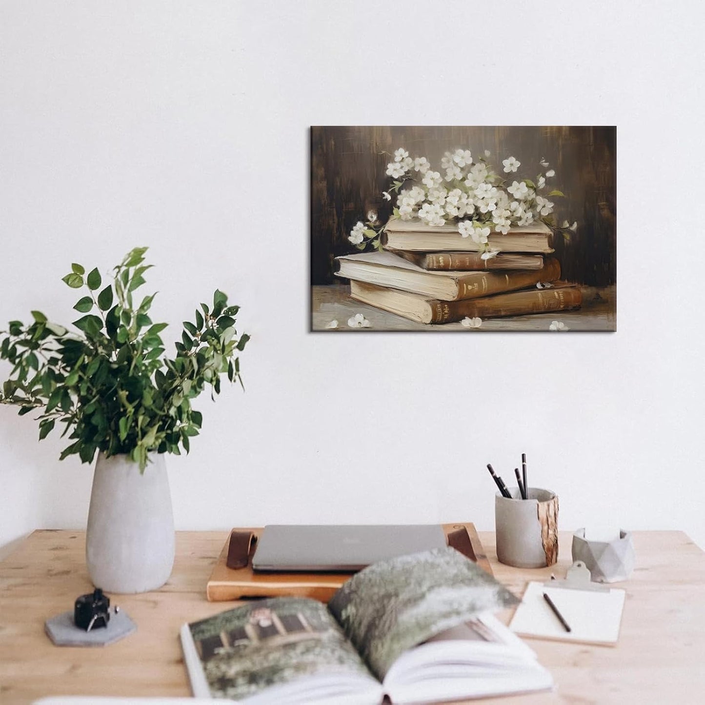 Vintage Flower Books Wall Art Rustic Antique Floral Still Life Painting Prints Light Academia Aesthetic Gallery Posters Pictures Spring Minimalist Botanical Moody Library Canvas Wall Decor Framed