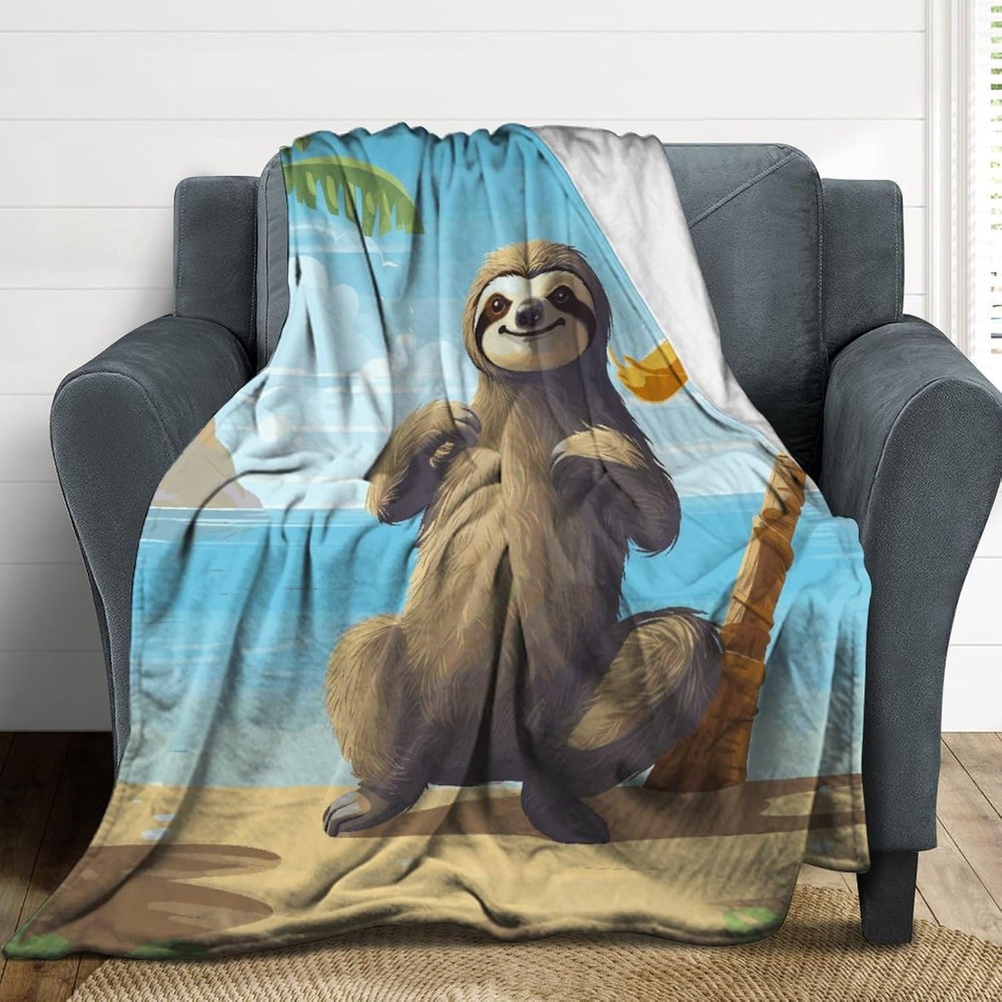 Sloth on Beach Blanket Super Soft Lightweight Throw Blanket Cute Cozy Warm Bed Blanket Decorative Fuzzy Blanket All-Season Home Decor Gift for Sofa Couch Living Room 60"*80"（150 * 200cm）