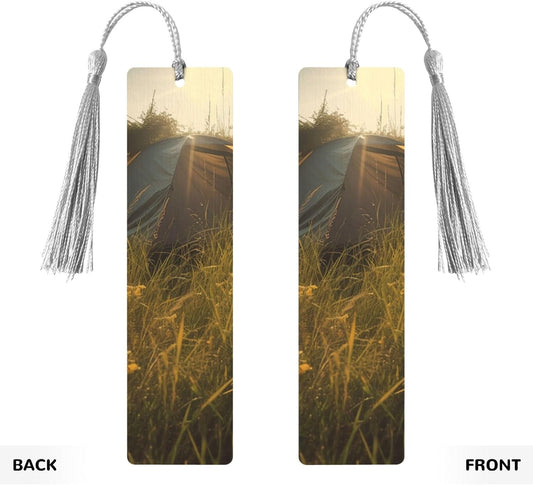 Tent in The Sun Bookmarks Gifts for Women Men, Wooden Bookmarks for Book Lovers, Vintage Book Marks Ornaments with Tassel, Unique Personalized Reading Page Markers Gray