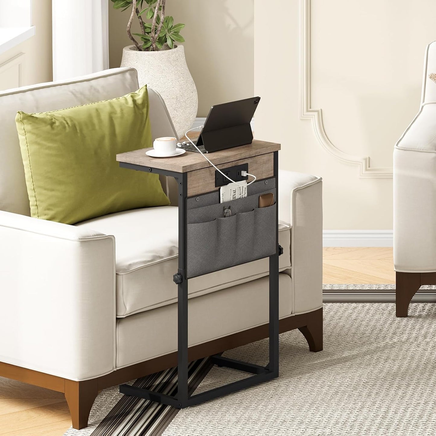 HOOBRO C Shaped End Table with Charging Station, 30” Adjustable Height Sofa Side Table with Storage Pocket, Slide Under Couch Table for Sofa Arm Tray, for Living Room, Bedroom, Greige BG77USF01