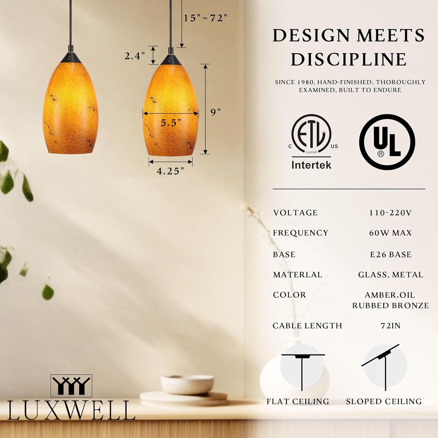 Pendant Lighting, Modern Handblown Amber Color Glass, Oval Art Shade Hanging Light, Oil Rubbed Bronze Finish for Kitchen, Dining Room, Foyer Decor 4.7" Shade (1 Pack)