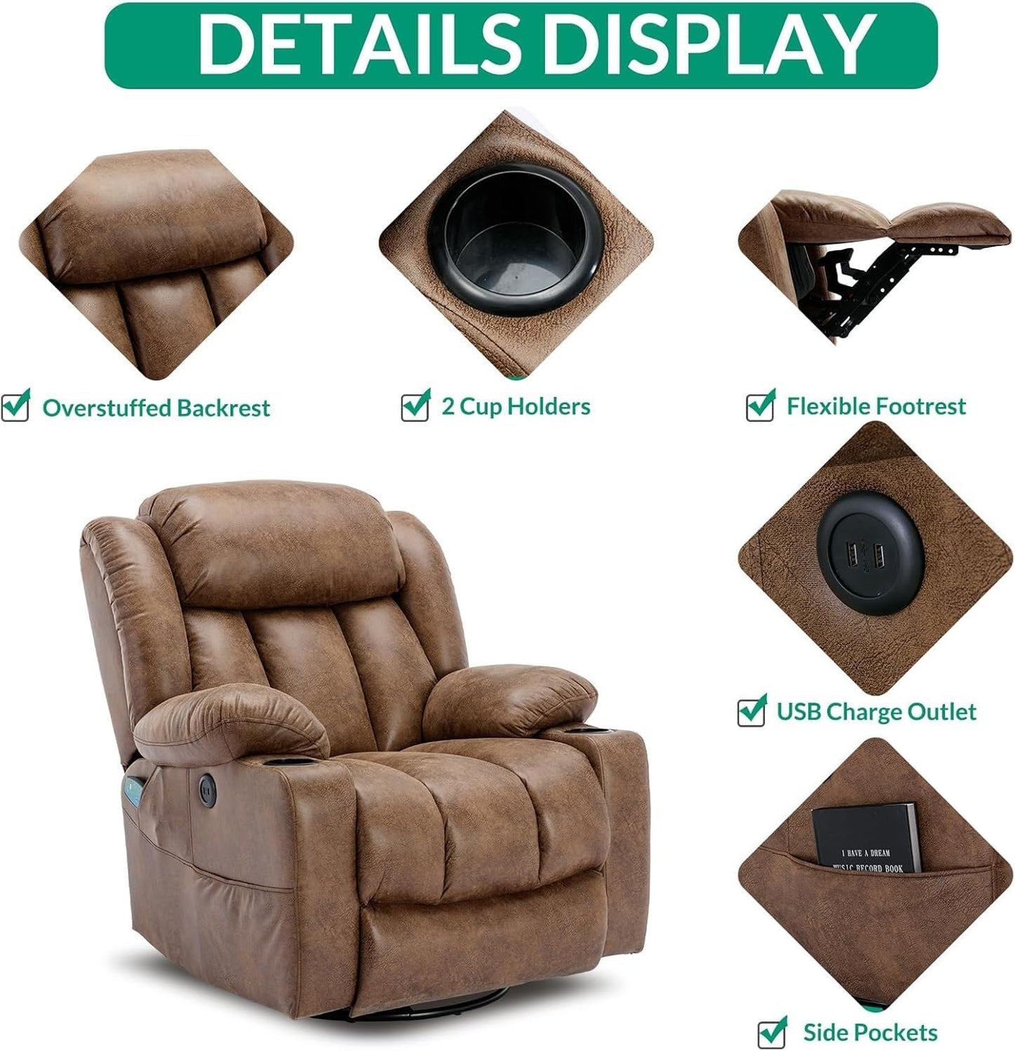 Power Recliner Chair with Heat and Massage, 360 Degree Swivel Rocking Glider Recliner for Living Room, Recliner with 2 Cup Holders, USB Ports & Side Pockets for Adults