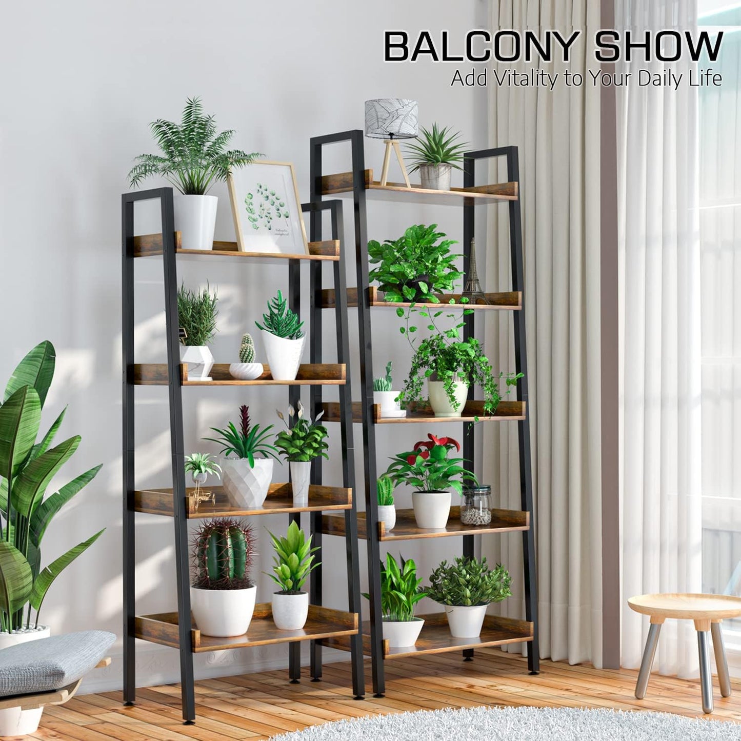 ASTARTH Ladder Shelf-5 Tier Bookshelves w/Open Shelf for Storage, Industrial Bookshelf & Tall Ladder Shelf-Metal Frame for Bedroom, Living Room, Kitchen-67.3'' H, Easy Assembly, Rustic Brown