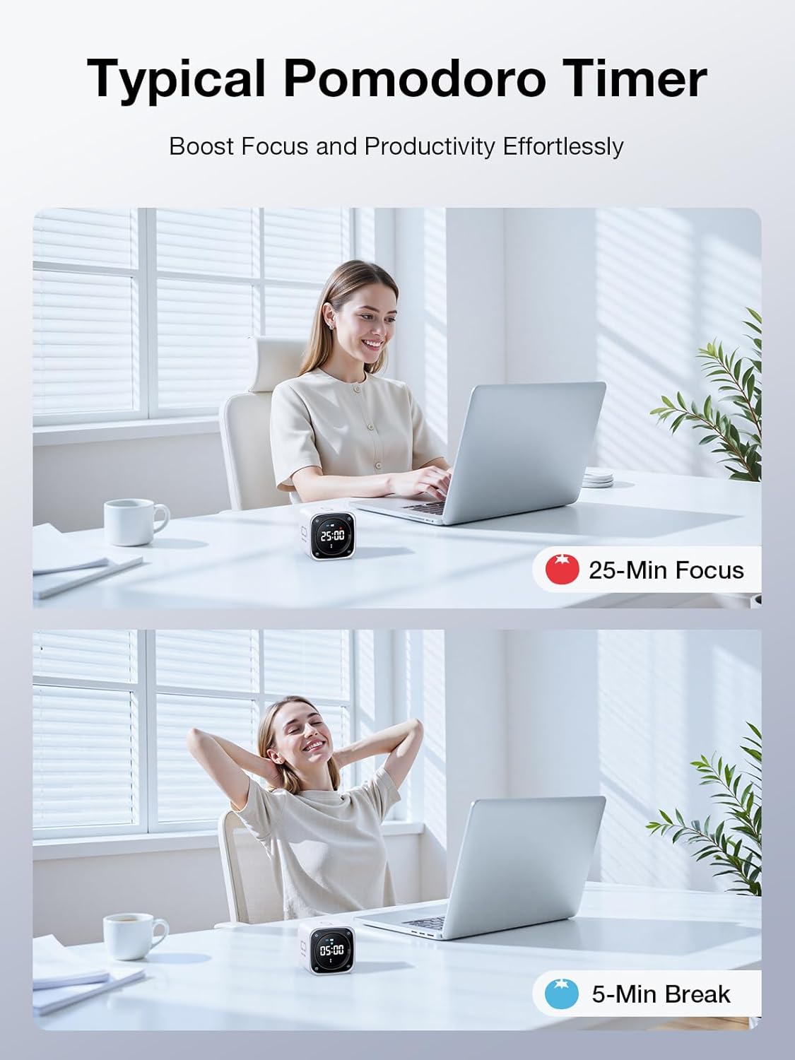 TK3 Pomodoro Timer Cube, Productivity Timer, 5/10/30/60 Min Presets, Custom Countdown, Stopwatch & Clock, Triple Alarms, Silent/Vibration/Sound Alerts, Rechargeable for ADHD Study Task, White