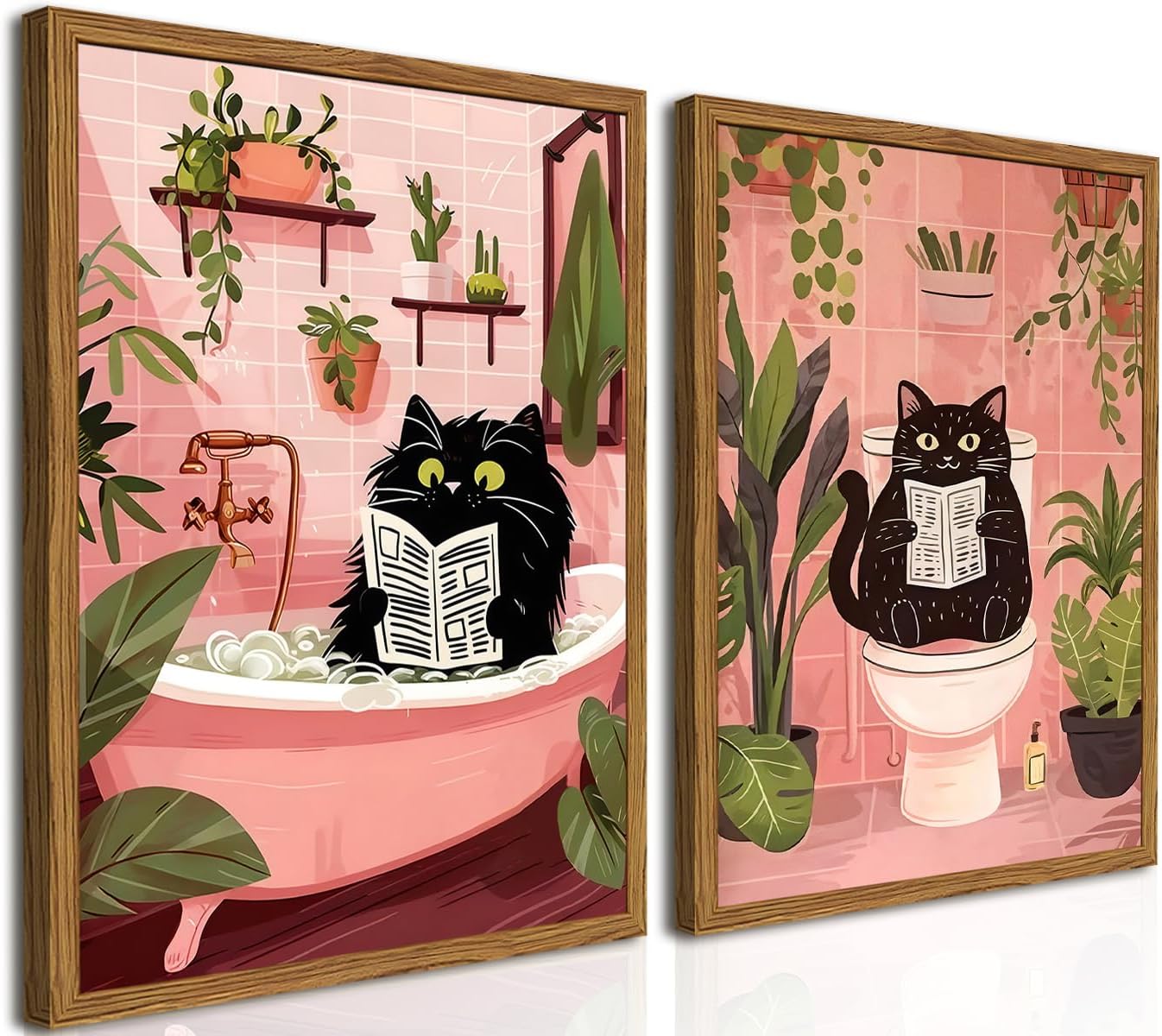Framed Funny Bathroom Black Cat Canvas Wall Art Set of 2, Cute Cat Reading Newspaper on Toilet Pictures Wall Decor, Humor Animal in Bathtub Paintings Prints for Restroom 16x24 inch
